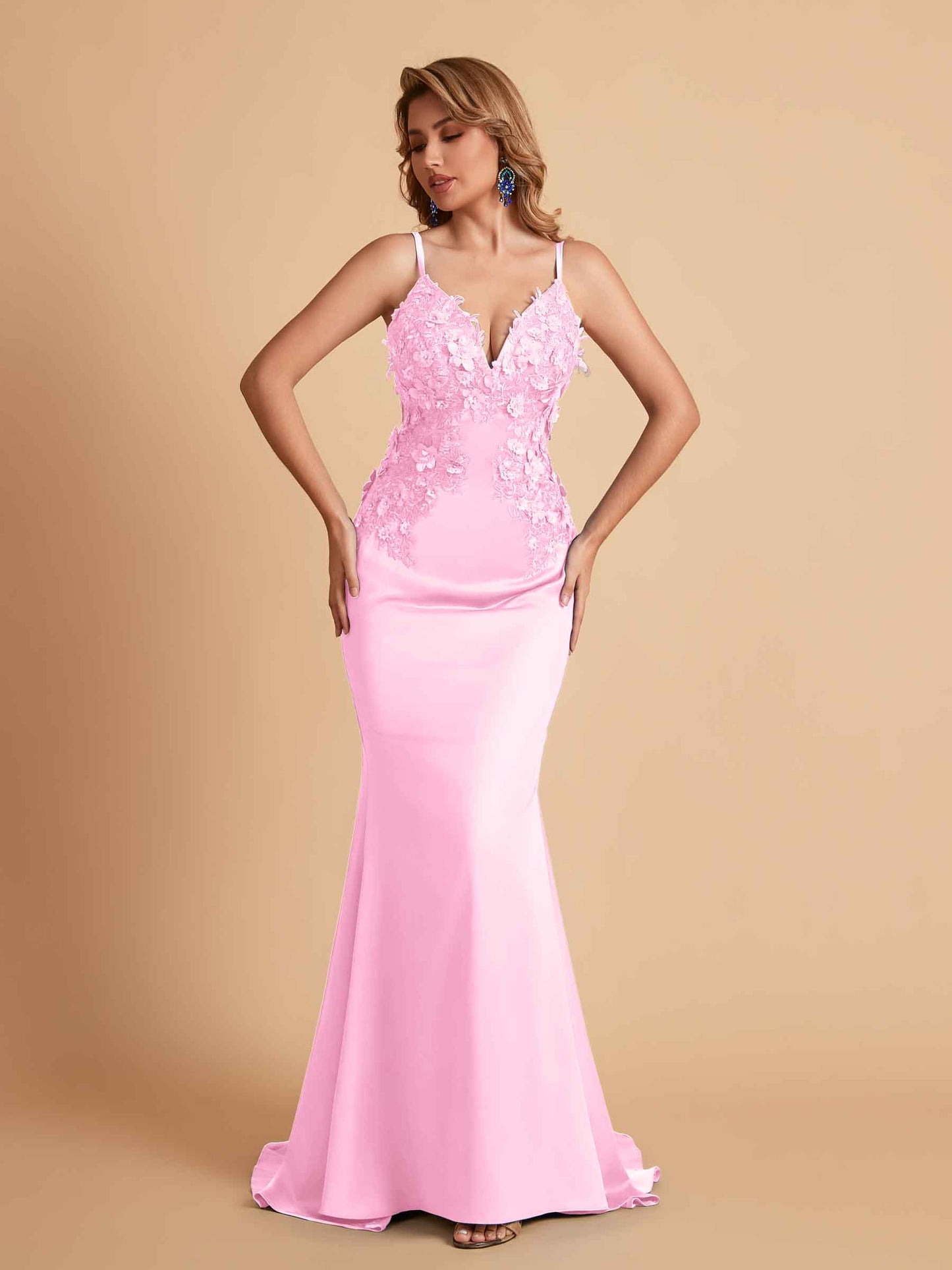 Sexy Satin Spaghetti Straps V-neck Mermaid Floor Length Applique Bridesmaid Dresses