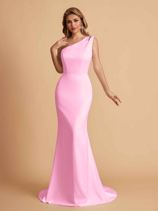 Elegant Satin One Shoulder Mermaid Side Slit Floor Length Bridesmaid Dresses
