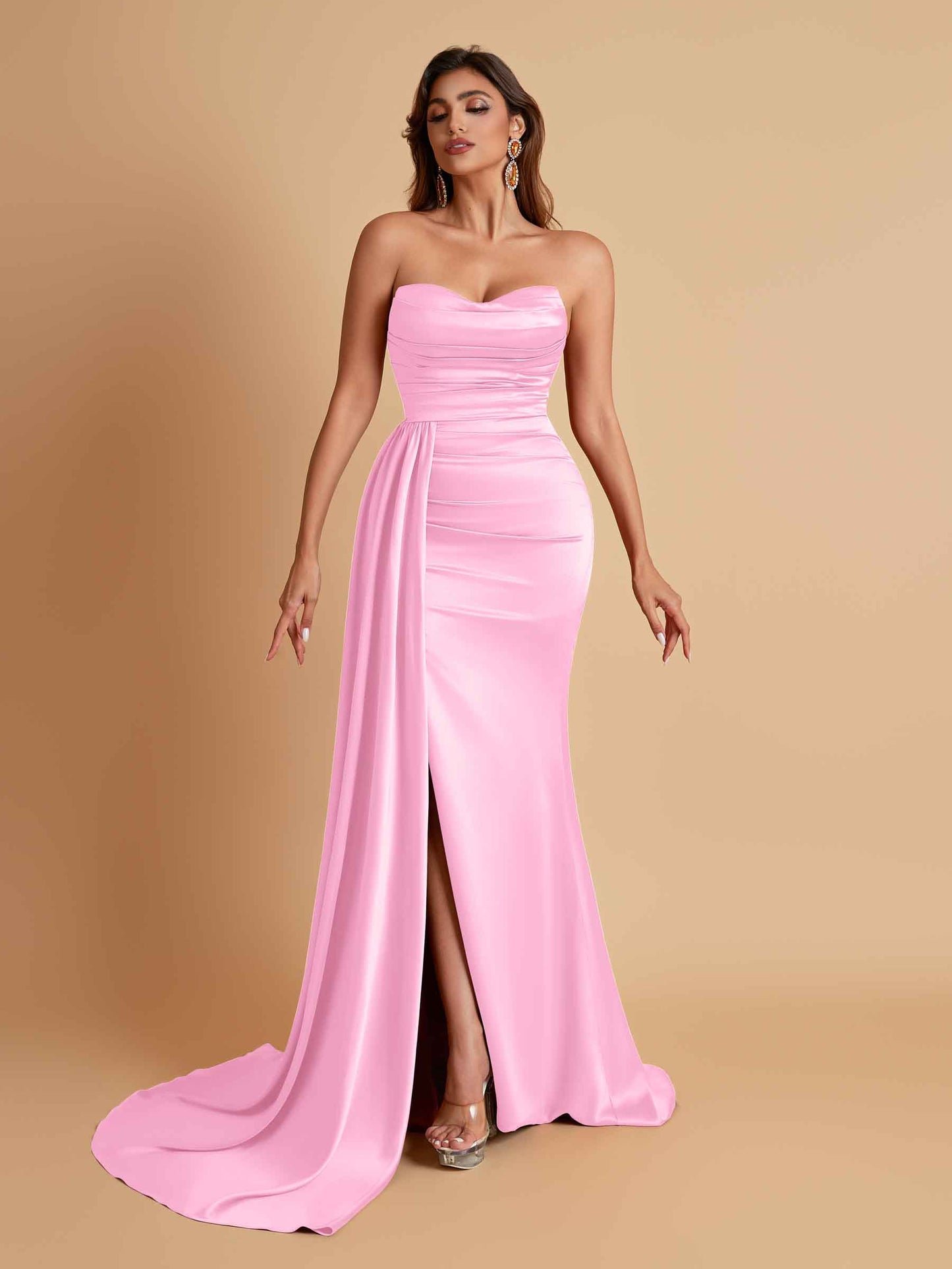 Elegant Soft Satin Sweetheart Strapless Side-Slit Mermaid Bridesmaid Dresses