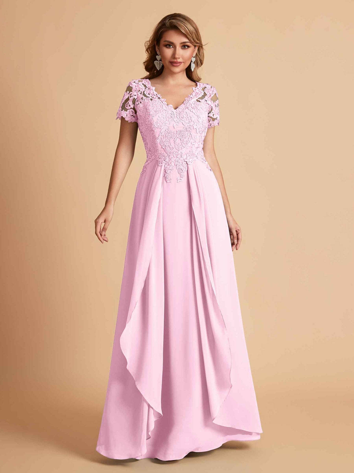 Elegant A-Line Chiffon Short Sleeves V-neck Mother of the Brides Dresses Lace Top MOB Dresses