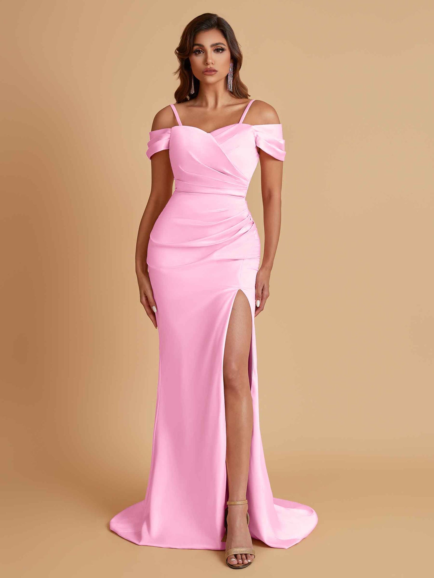 Sexy Soft Satin Mermaid Cold Shoulder Side Slit Floor-Length Bridesmaid Dresses Online