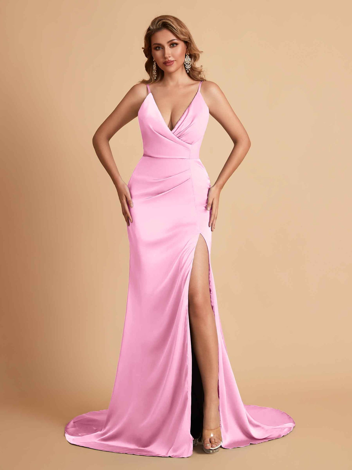 Elegant Satin Spaghetti Straps V-Neck Mermaid Side Slit Floor Length Bridesmaid Dresses