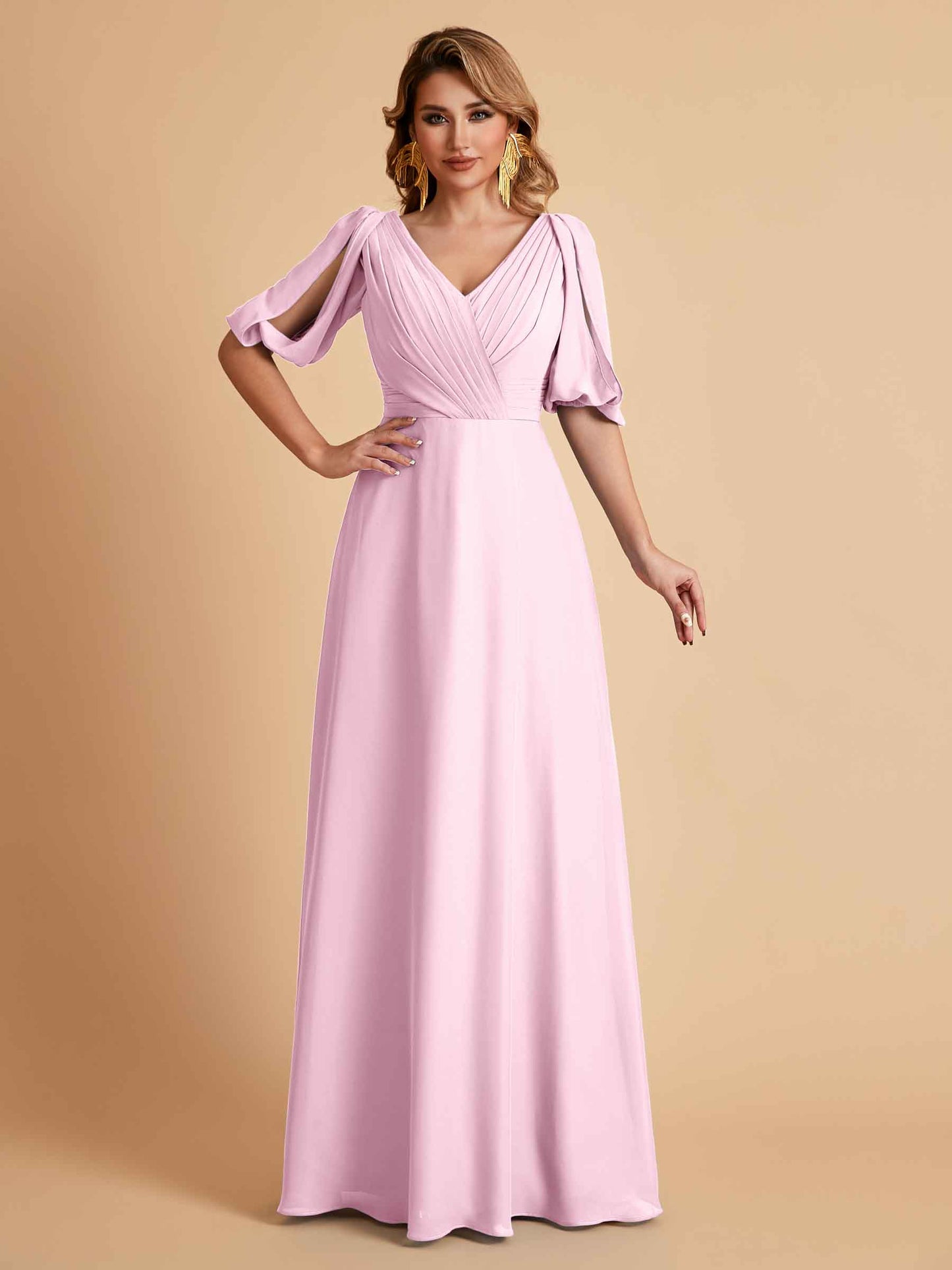 Elegant A-Line Chiffon Half Sleeves V-Neck Mother of the Brides Dresses Online