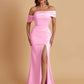Elegant Soft Satin Mermaid Off Shoulder Asymmetrical Side Slit Floor-Length Bridesmaid Dresses