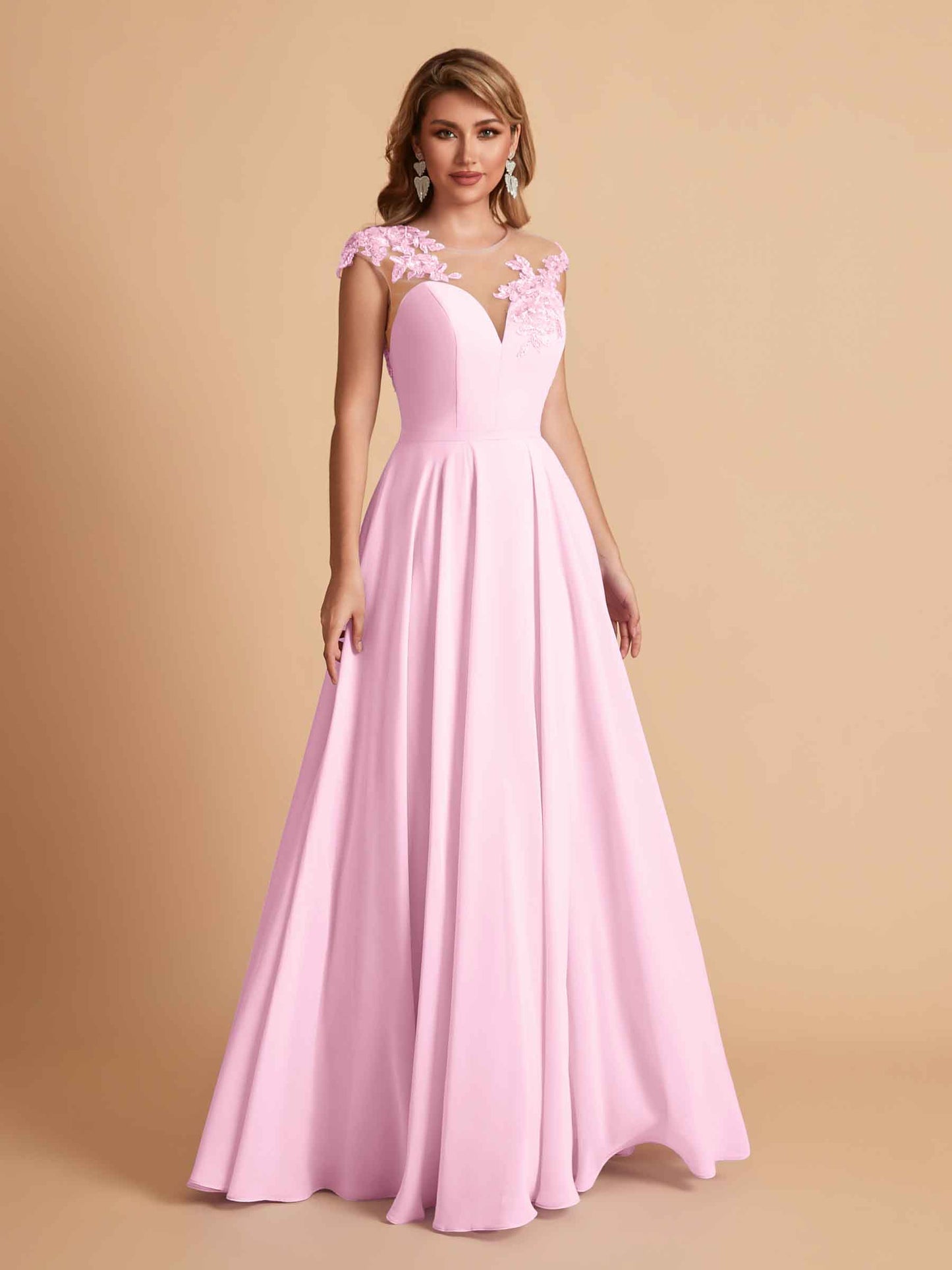 Chiffon Illusion Lace Top A-line Bridesmaid Dresses V-neck Floor Length Wedding Guest Dresses