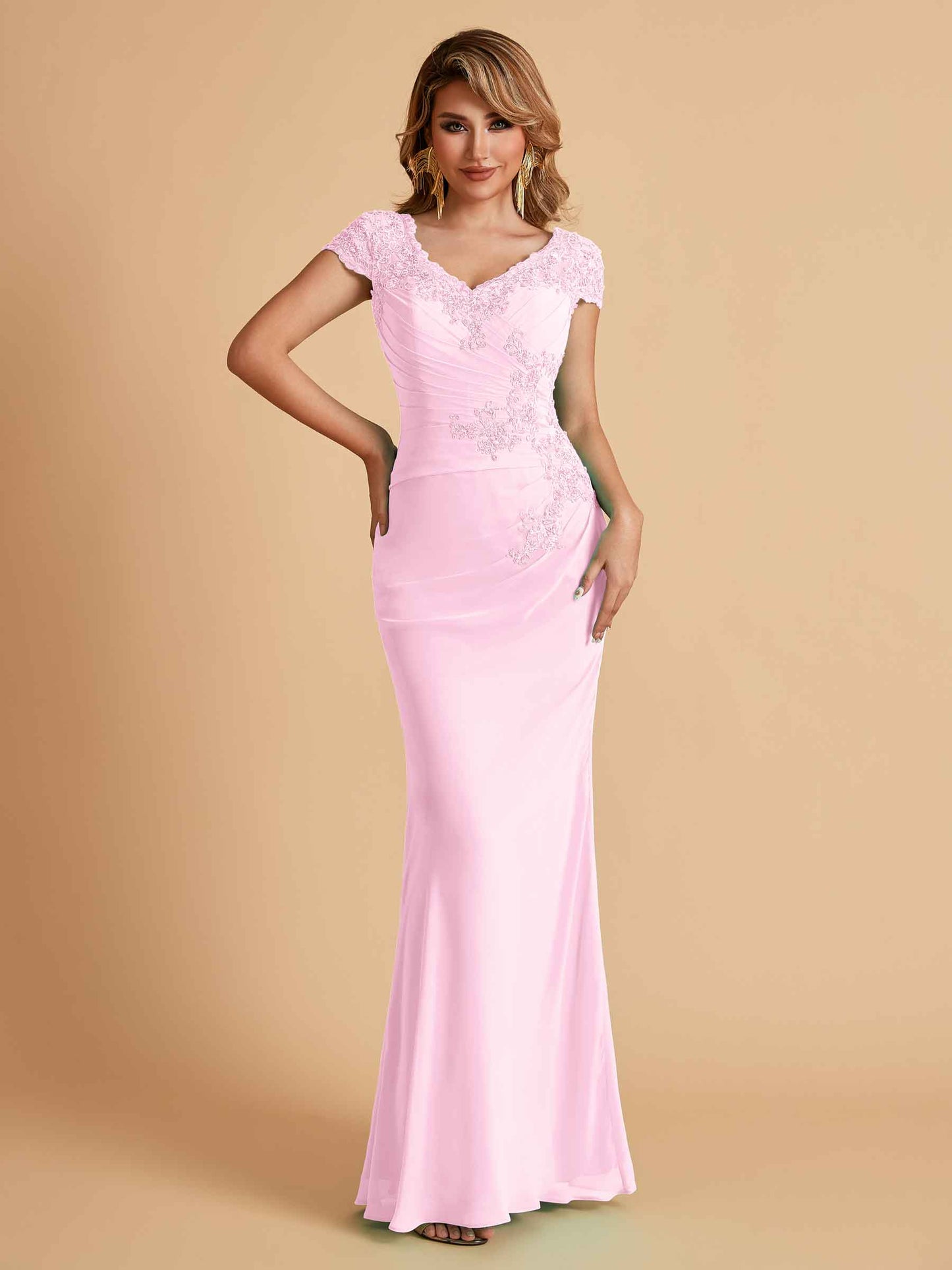 Elegant Mermaid Chiffon Cap Sleeves V-Neck Mother of the Brides Dresses Online