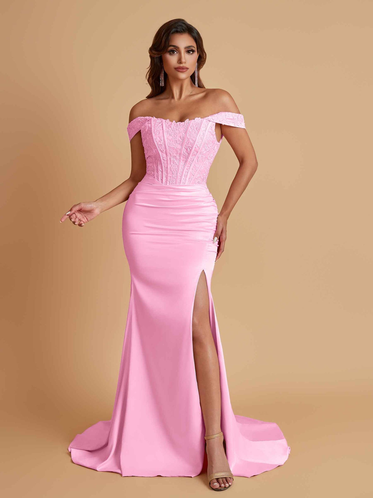 Elegant Soft Satin Mermaid Off Shoulder Side Slit Floor-Length Mermaid Bridesmaid Dresses