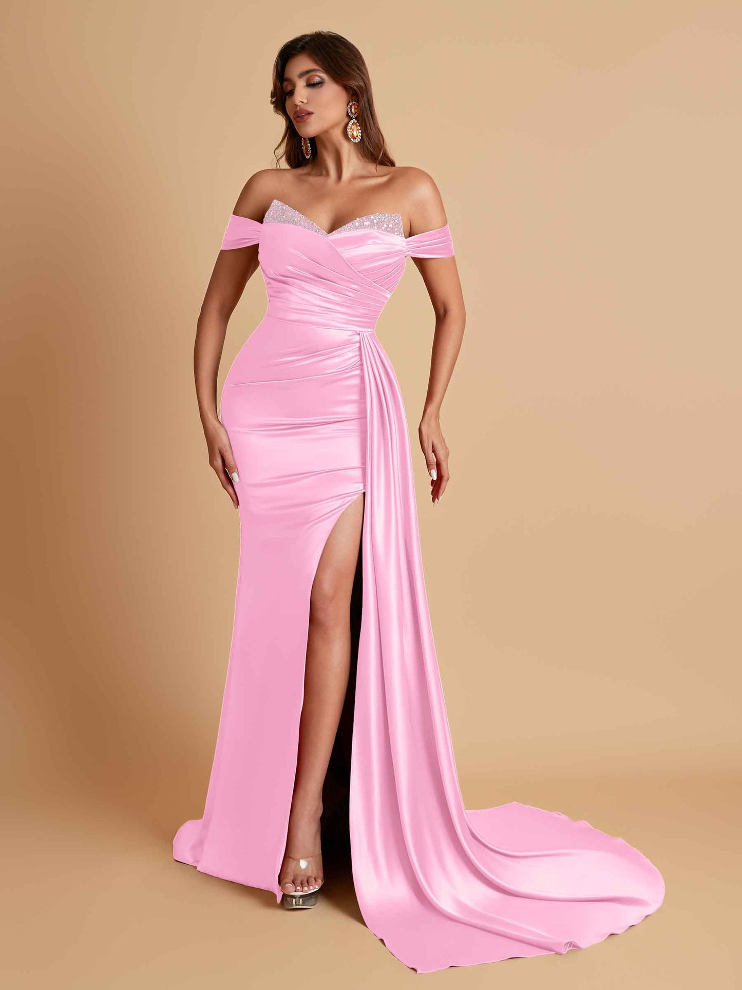Gorgeous Soft Satin V-neck Off-the-Shoulder Side-Slit Mermaid Bridesmaid Dresses