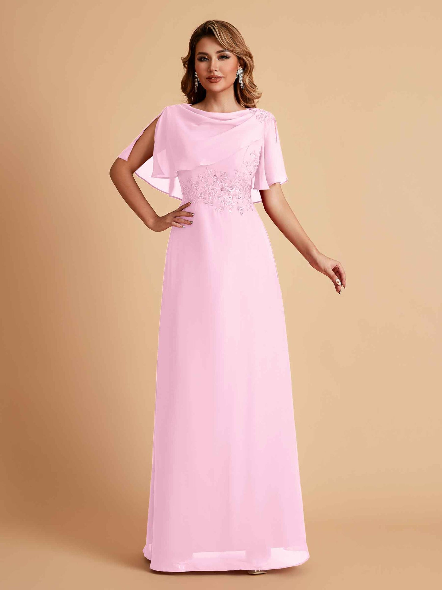 Elegant A-Line Chiffon Half Sleeves Jewel Mother of the Brides Dresses Online