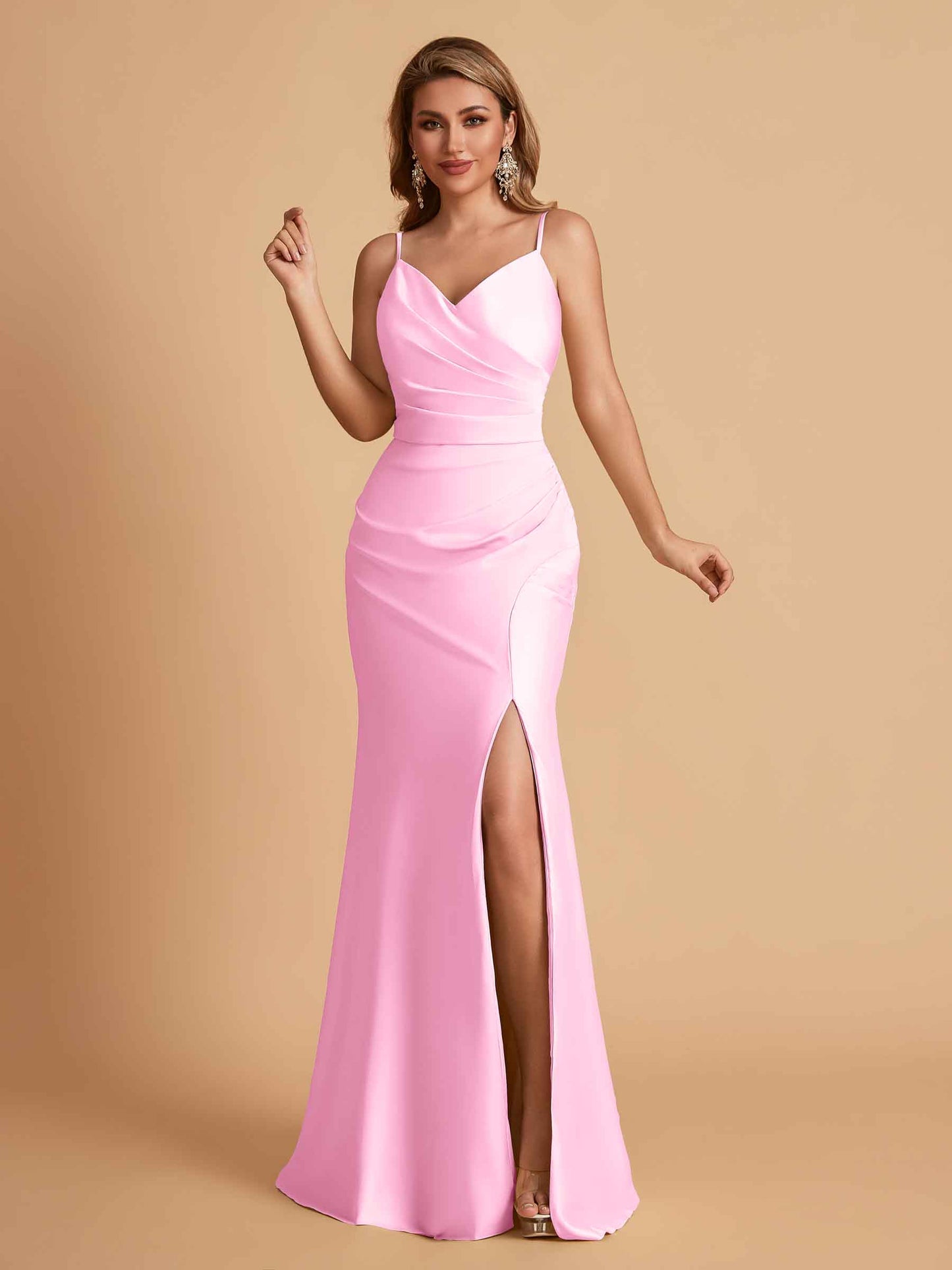 Elegant Satin Spaghetti Straps Mermaid Side Slit Floor Length Bridesmaid Dresses