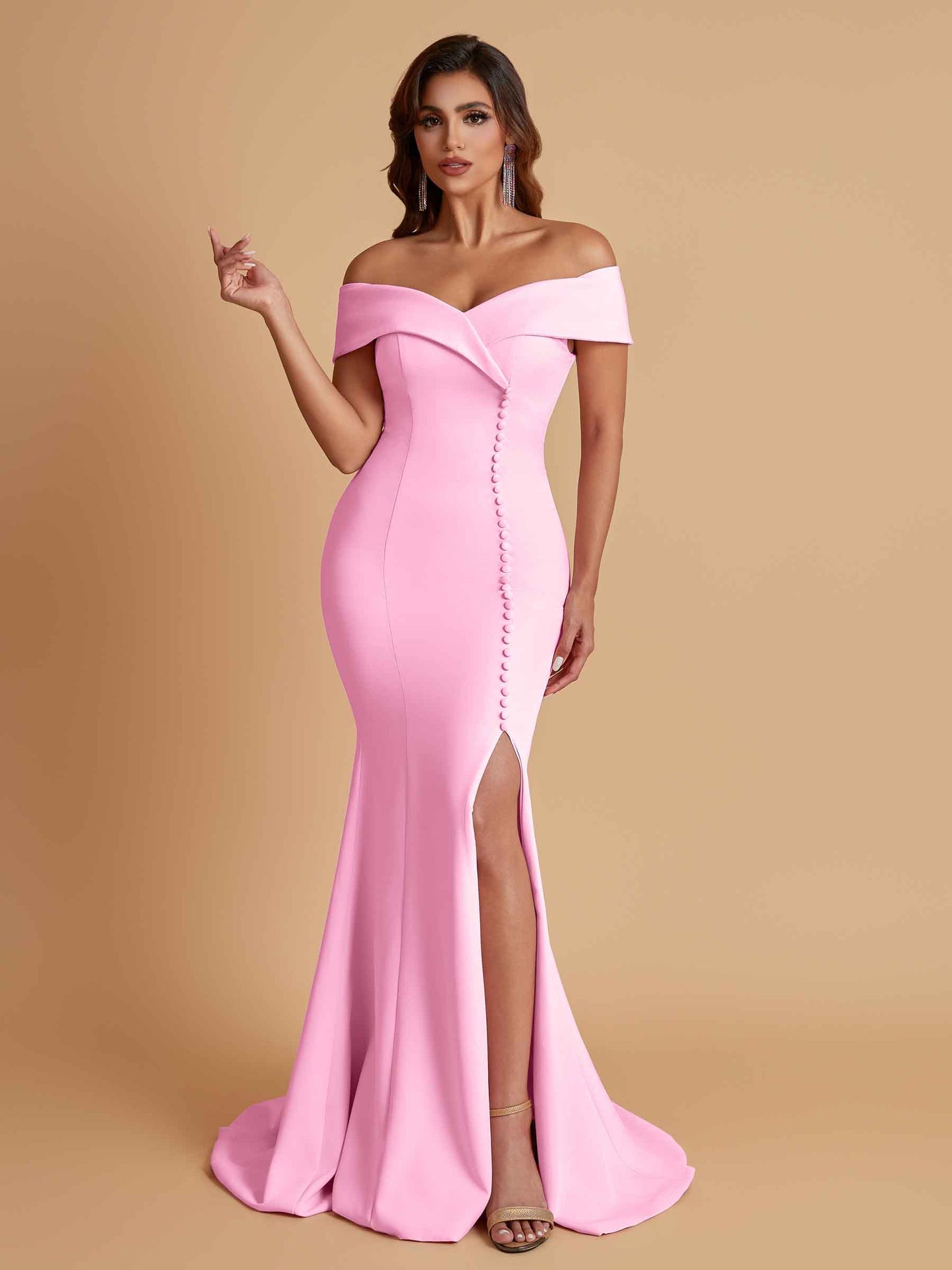Elegant Soft Satin Mermaid Off Shoulder Side Slit Floor-Length Bridesmaid Dresses