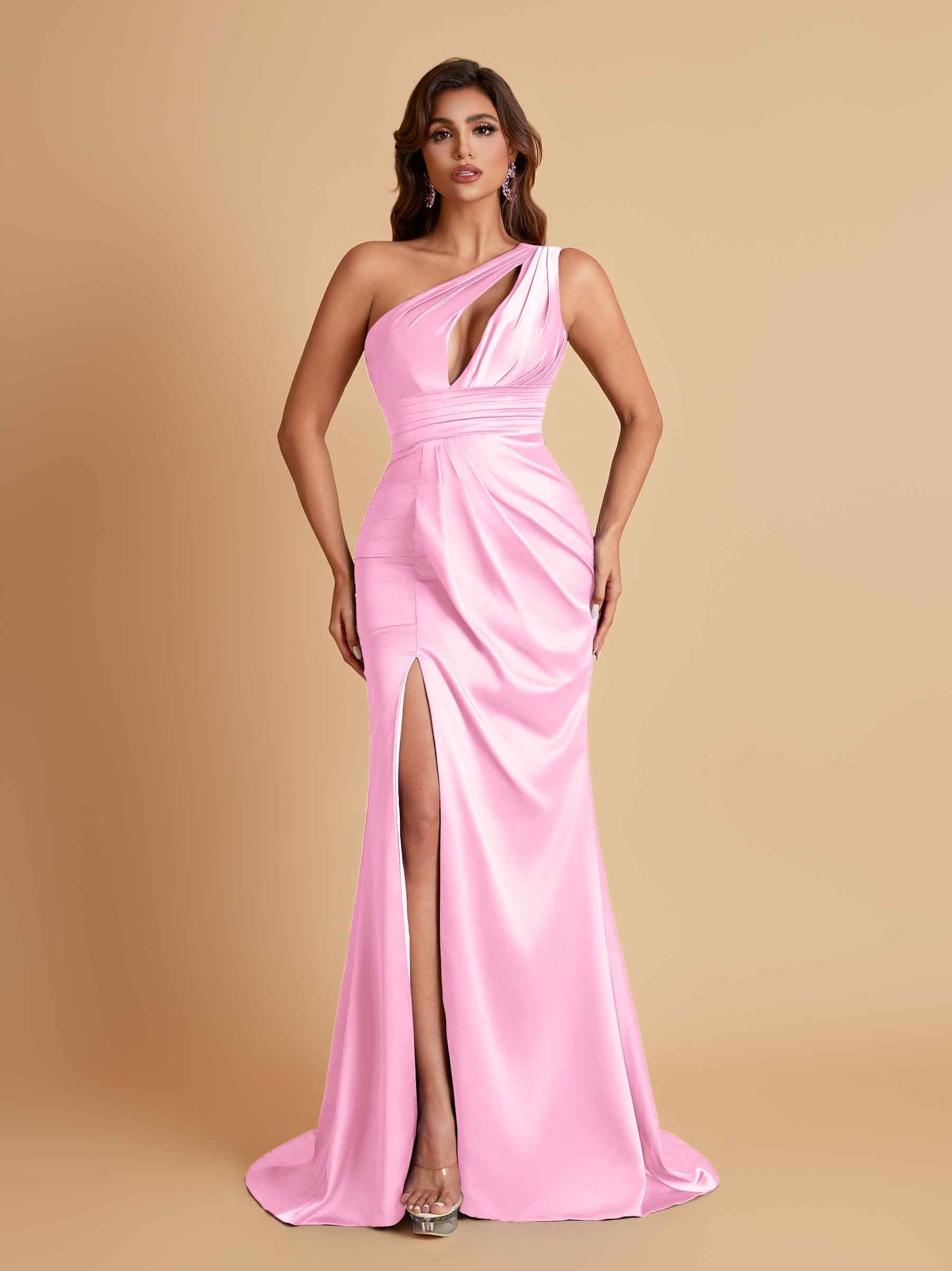Sexy One Shoulder Soft Satin Side Slit Floor-Length Mermaid Bridesmaid Dresses