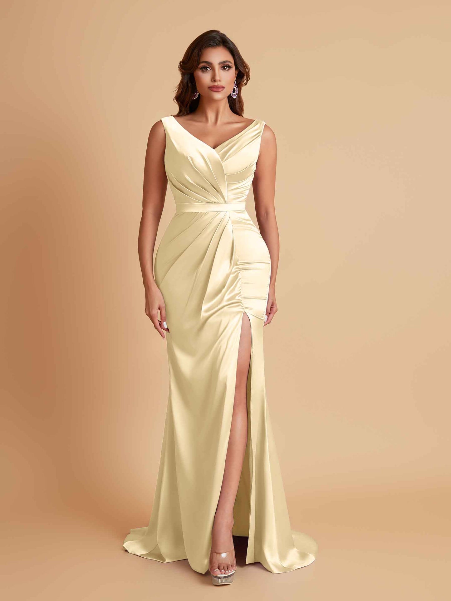 Elegant V Neck Soft Satin Side Slit Floor-Length Mermaid Bridesmaid Dresses