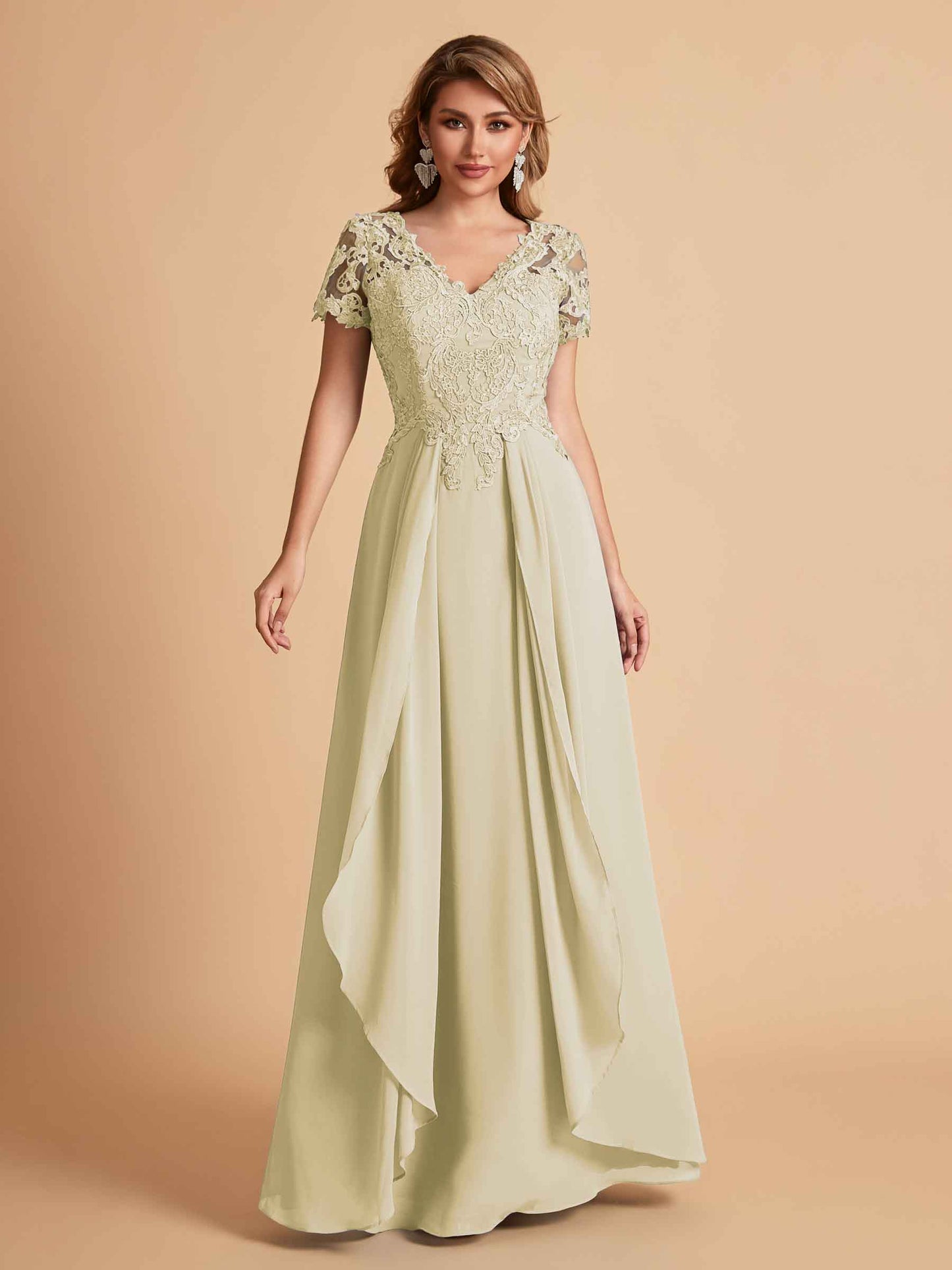 Elegant A-Line Chiffon Short Sleeves V-neck Mother of the Brides Dresses Lace Top MOB Dresses