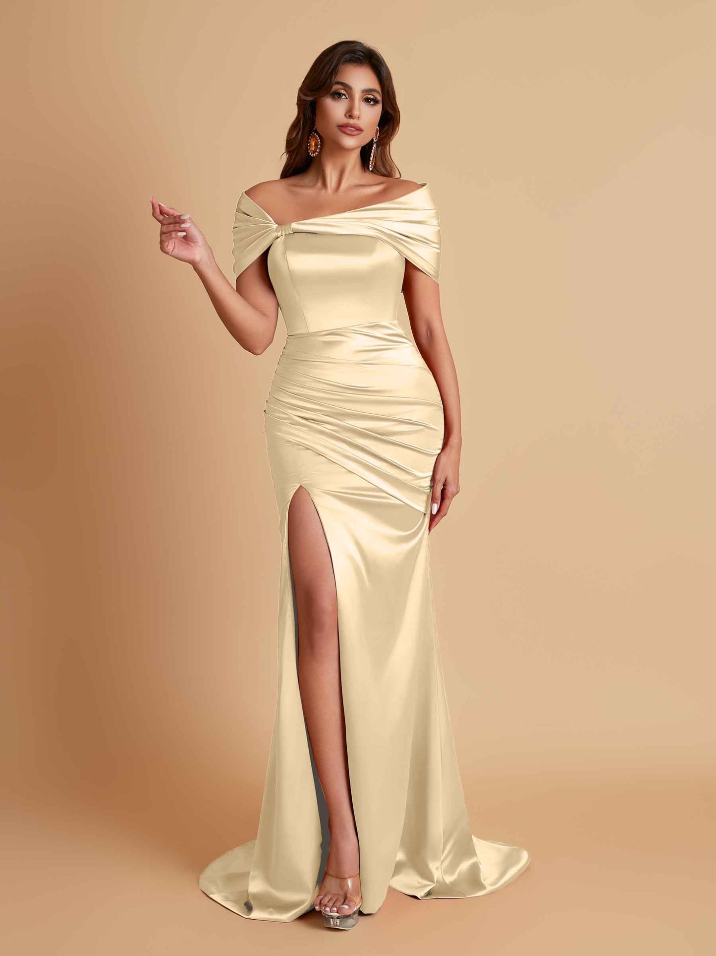 Elegant Soft Satin Off-the-shoulder Side-Slit Mermaid Bridesmaid Dresses