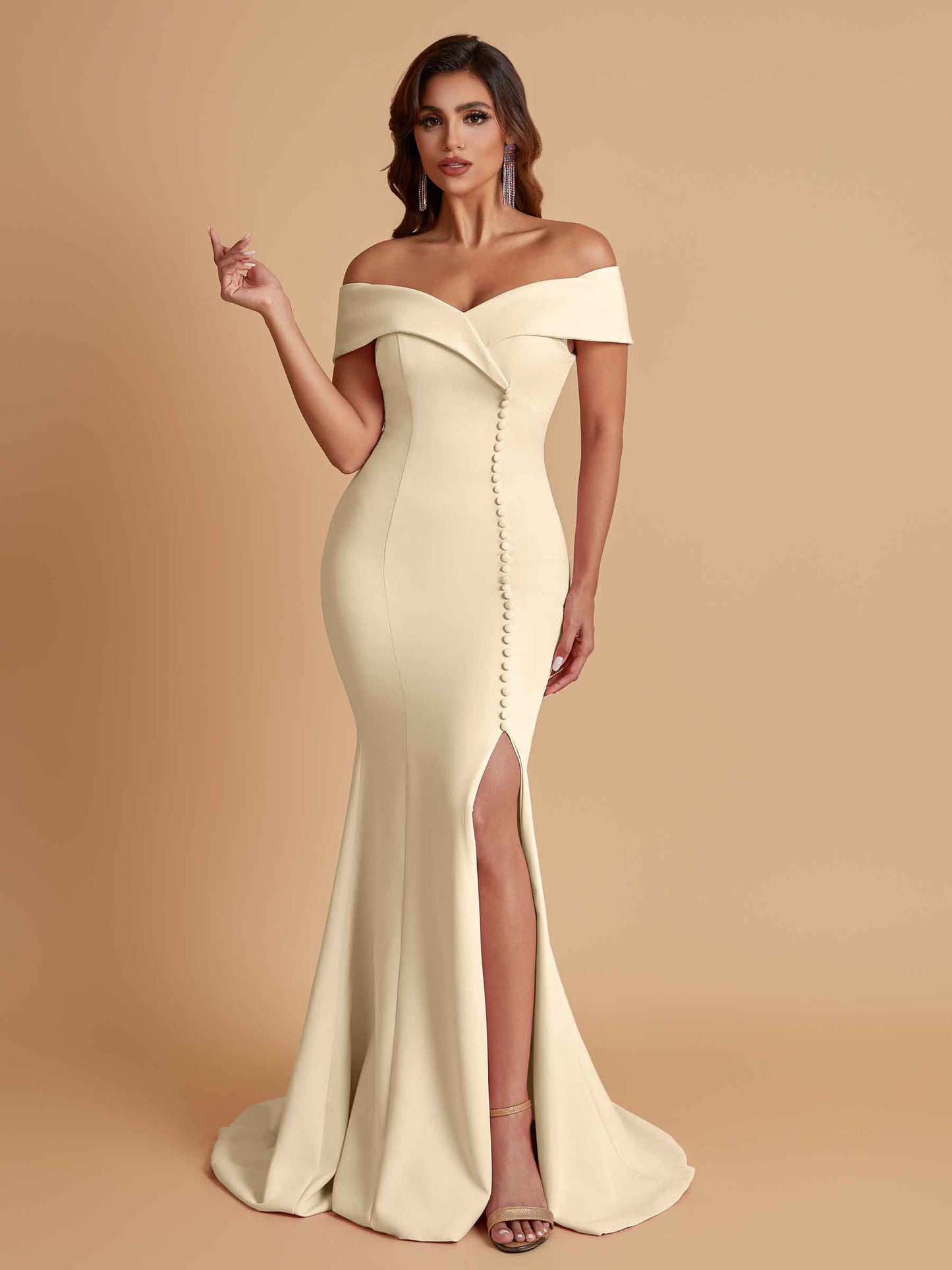 Elegant Soft Satin Mermaid Off Shoulder Side Slit Floor-Length Bridesmaid Dresses