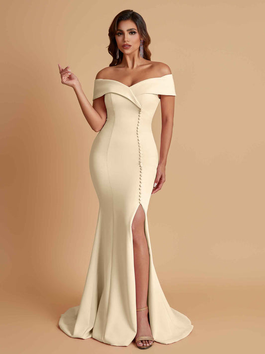 Elegant Soft Satin Mermaid Off Shoulder Side Slit Floor-Length Bridesmaid Dresses