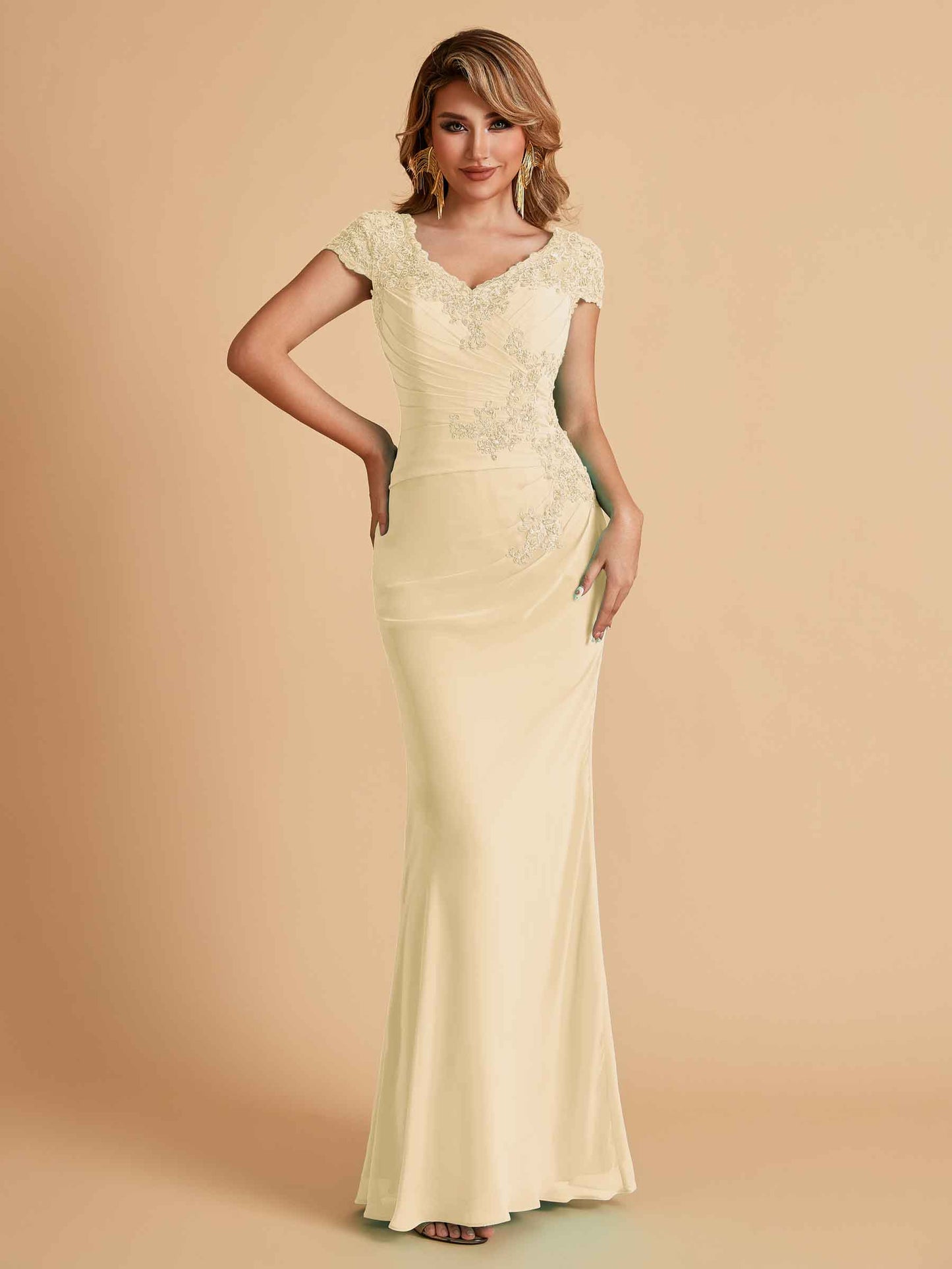 Elegant Mermaid Chiffon Cap Sleeves V-Neck Mother of the Brides Dresses Online