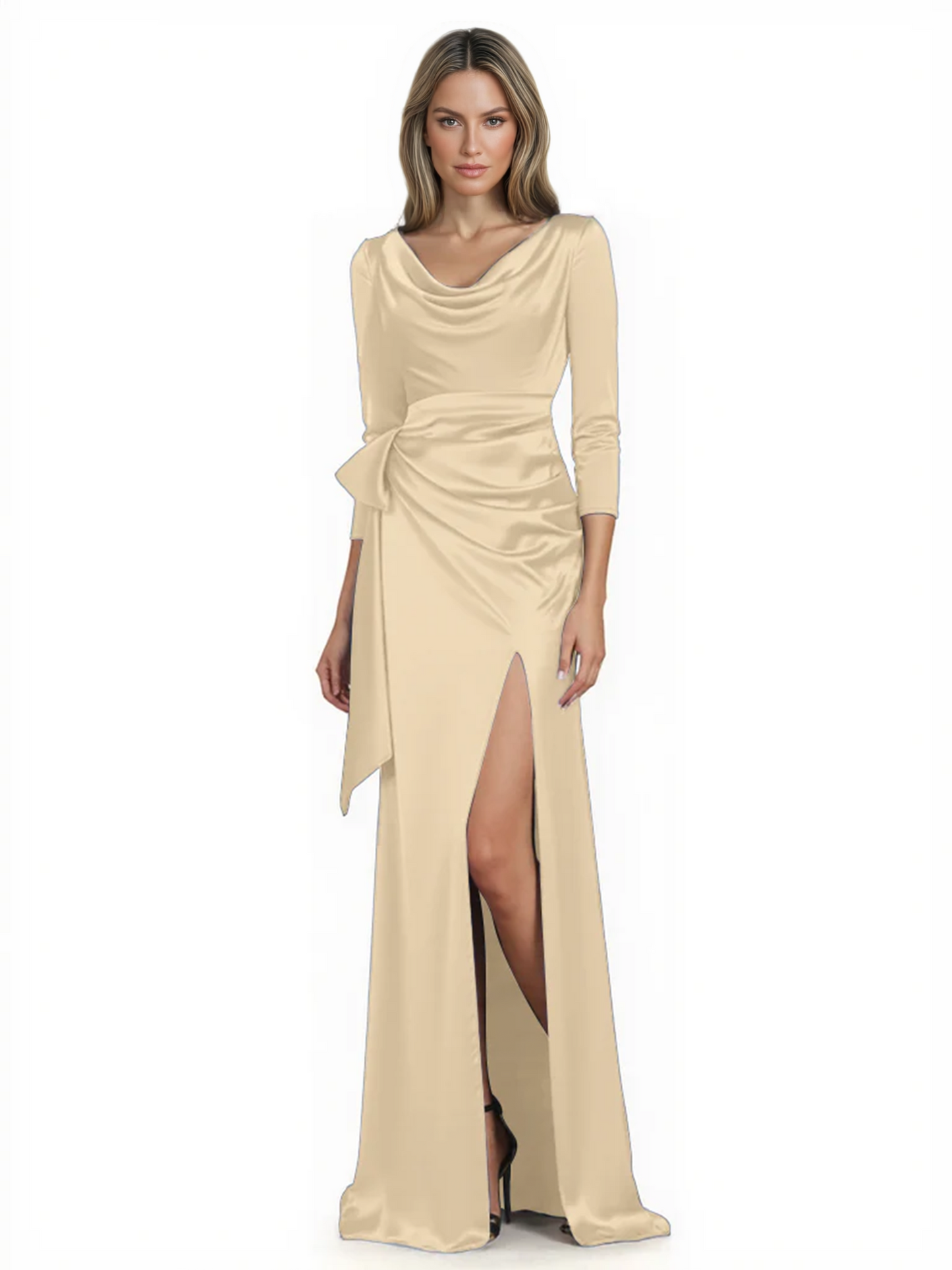 Elegant Evening Gowns Slit Trending Styles Satin Slit Formal Dress Cowl Neckline Gown Tie
