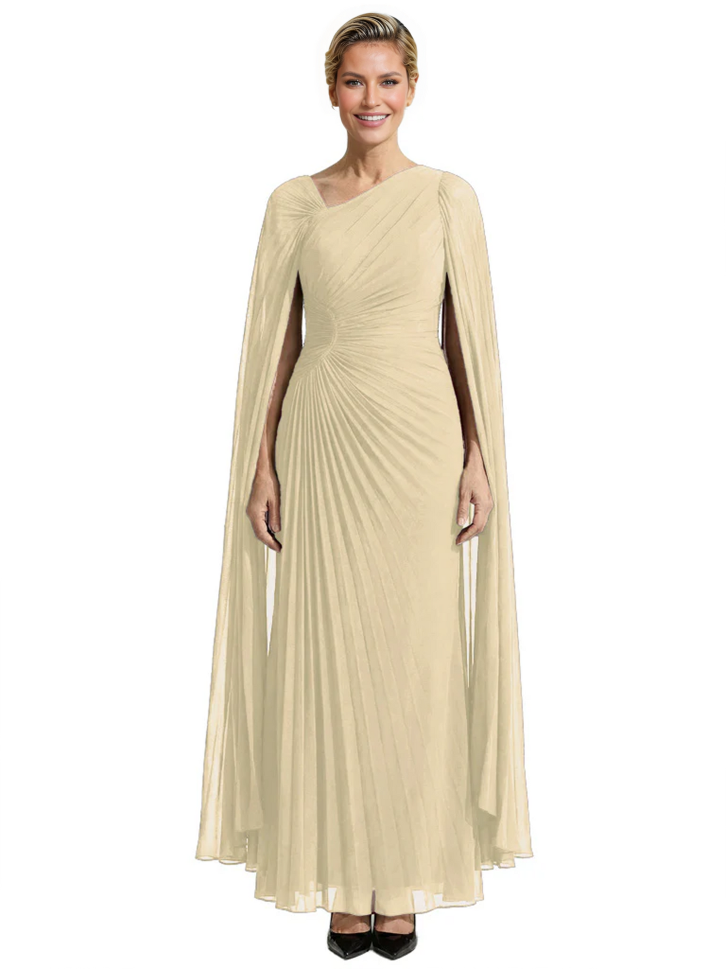 Elegant Asymmetric Neck Long A-Line Chiffon Mother of the Brides Dresses Mom Outfit with Cape