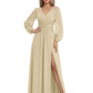 A-Line Mother of Bride Dress V-Neck Chiffon Gown Long Sleeves Slit Formal Dress
