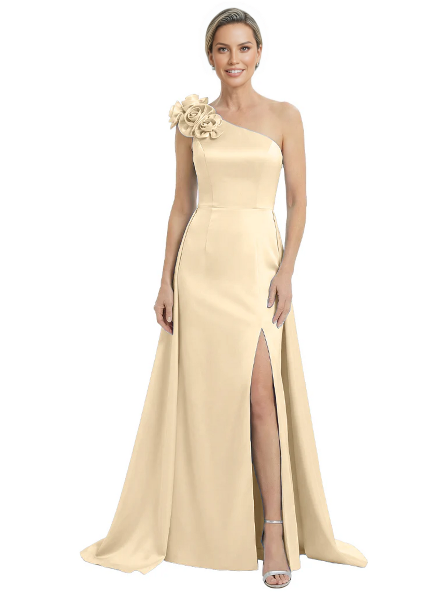 One Shoulder Mother of the Bride Dress with 3D Floral Detail Formal Dress A-Line Gowns with Slit