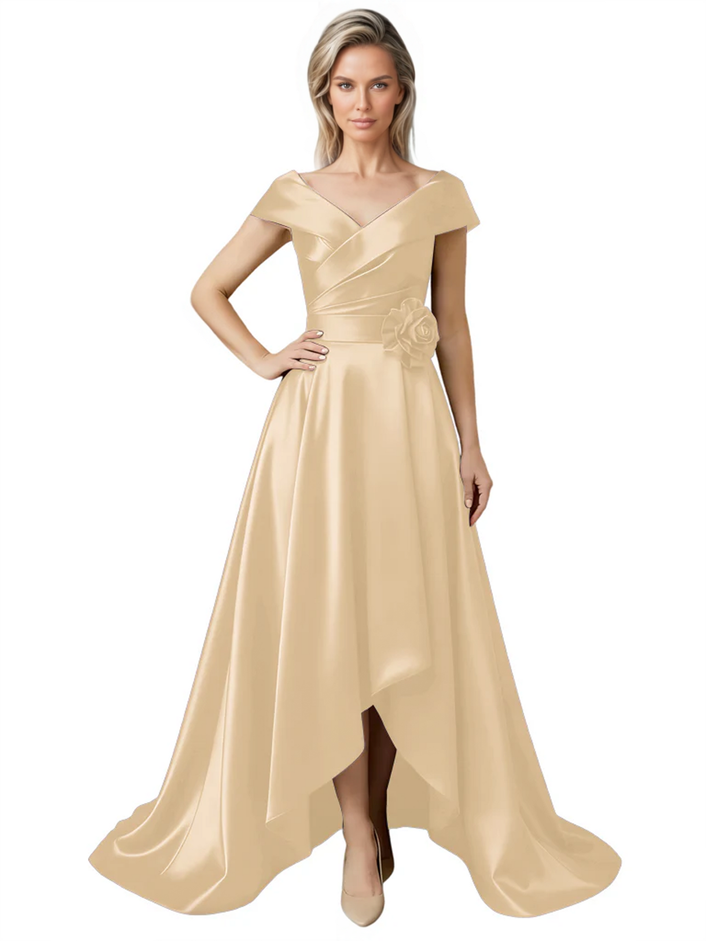 Off Shoulder Mother of the Bride Dress High-Low Satin Gown with Portrait Neckline