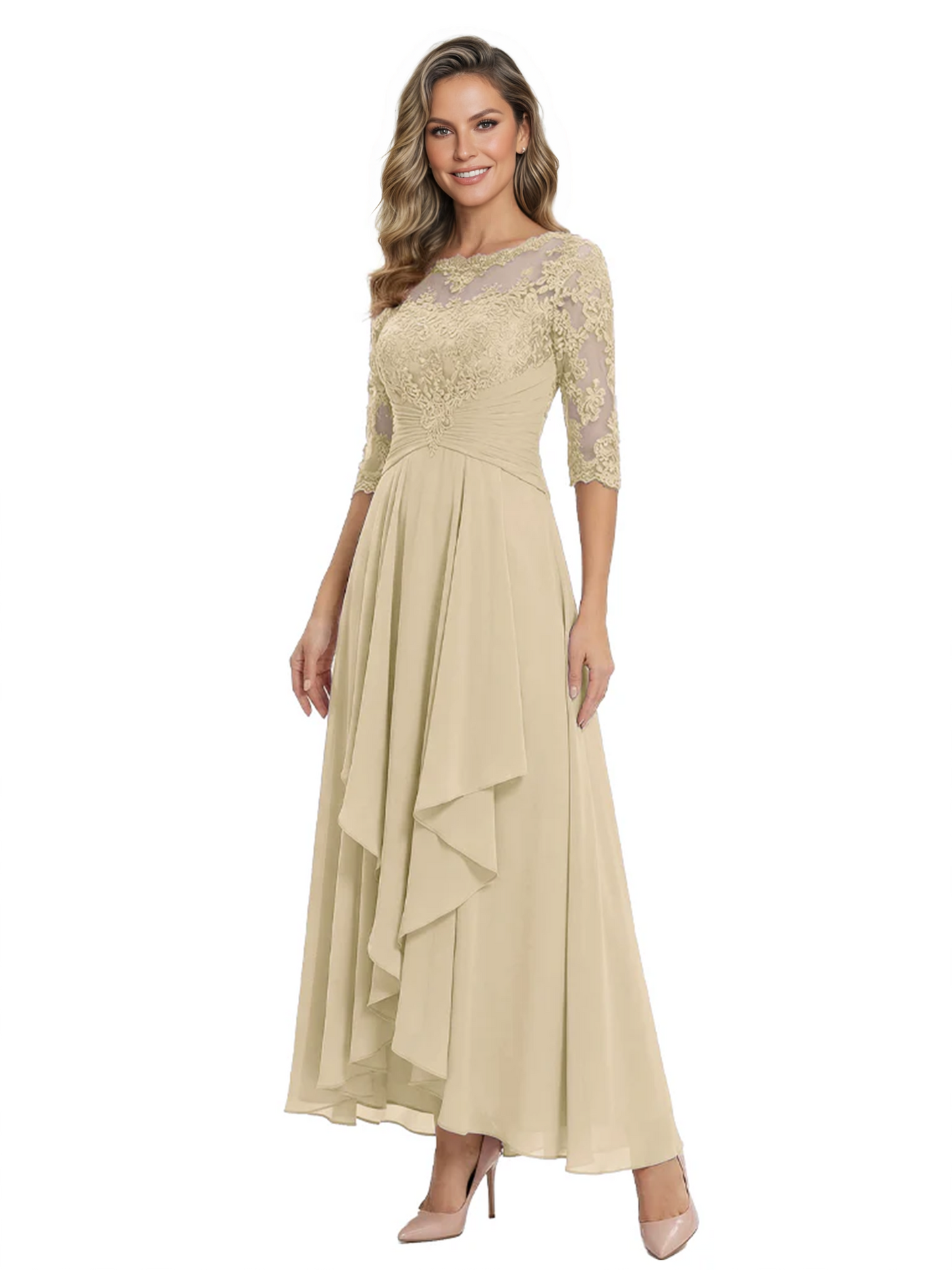 3/4 Sleeve Mother of the Bride Dress with Lace Embroidery High-Low Hem 2026