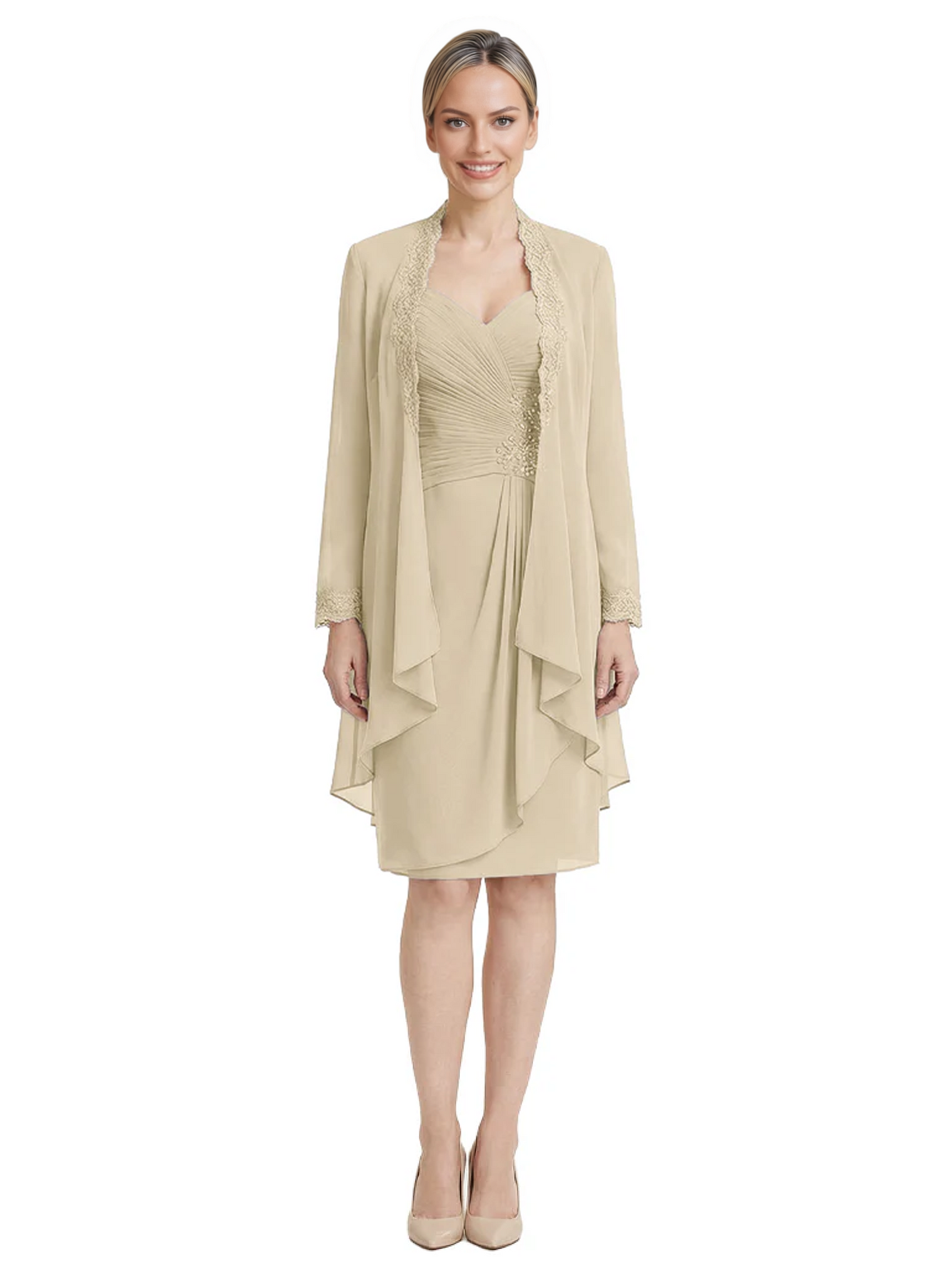 2PCS Knee Length Chiffon Mother of the Brides Dresses Short V-Neck