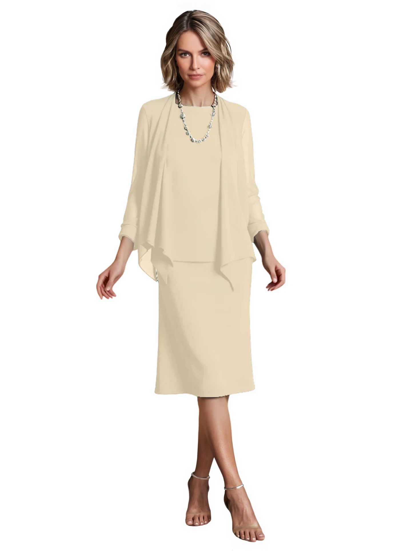 3 PCS Knee-Length Mother of Bride Dresses Prom Dress Evening Dress with Sheer Sleeves and Jacket