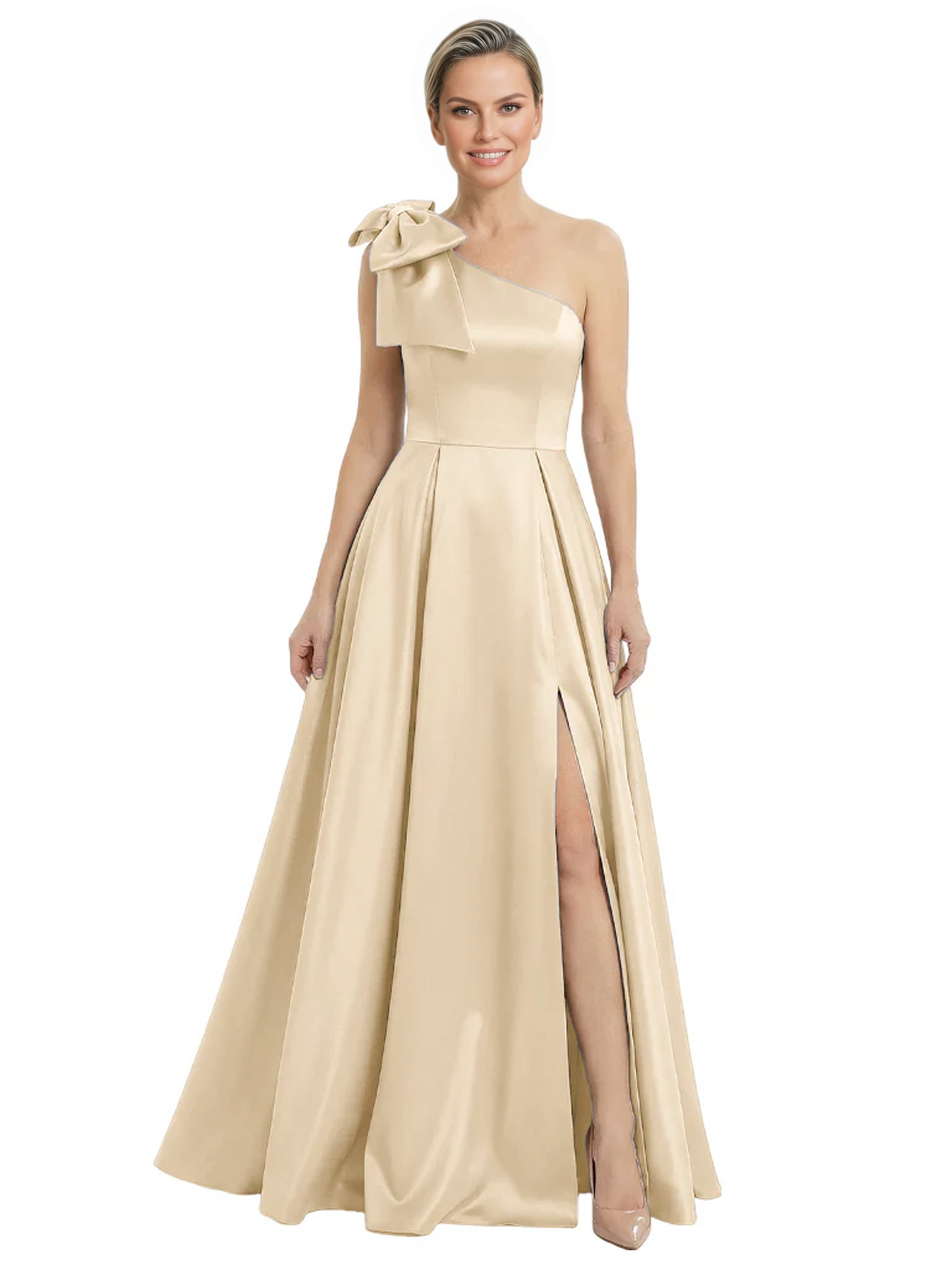Luxury Bow Black Formal Dress One-Shoulder A-Line Gowns with Sexy Side Slit 2026