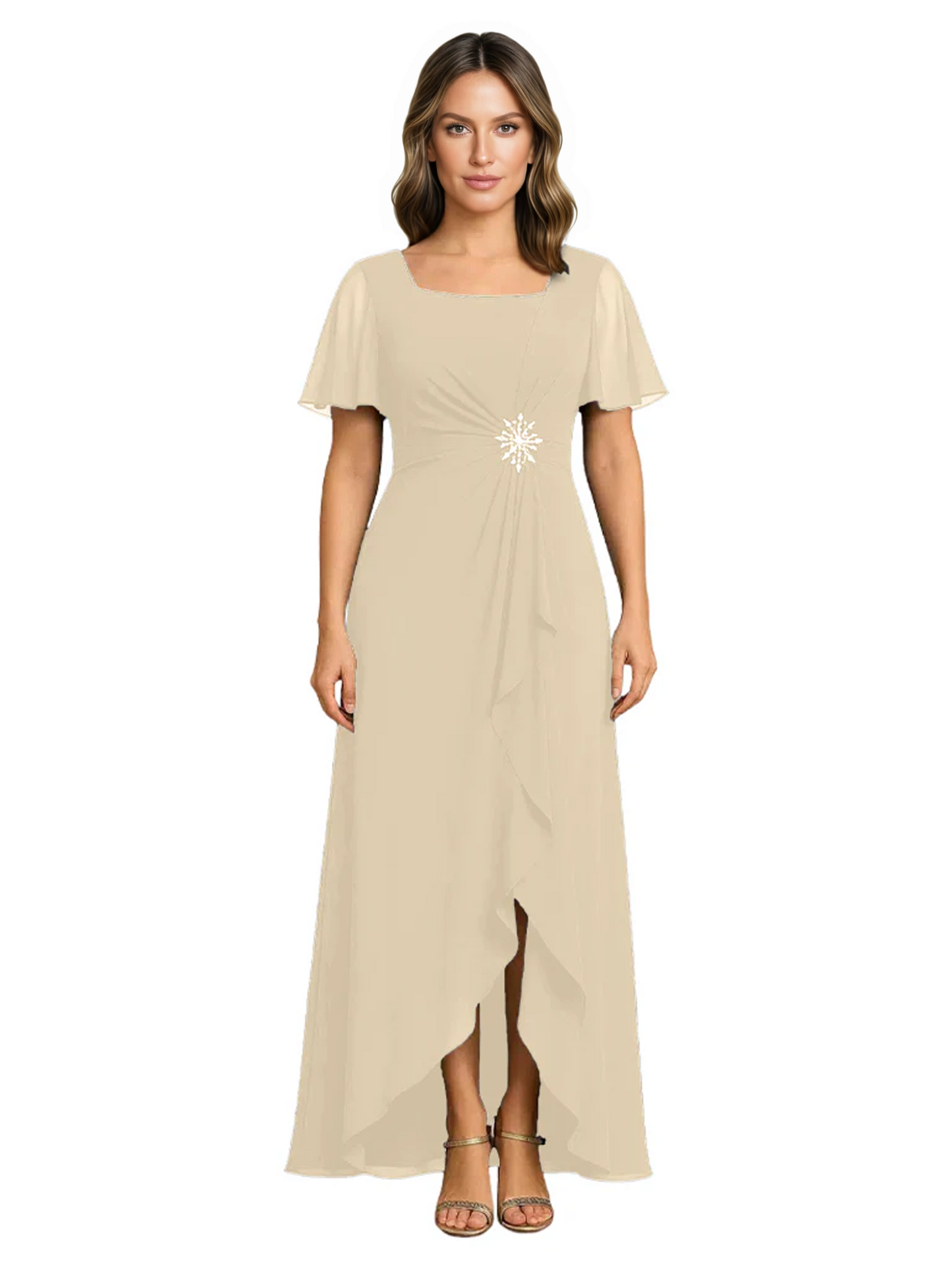 Formal High-Low Mother of the Bride Gown Sleeved Chiffon Maxi Dress Ruched Waist
