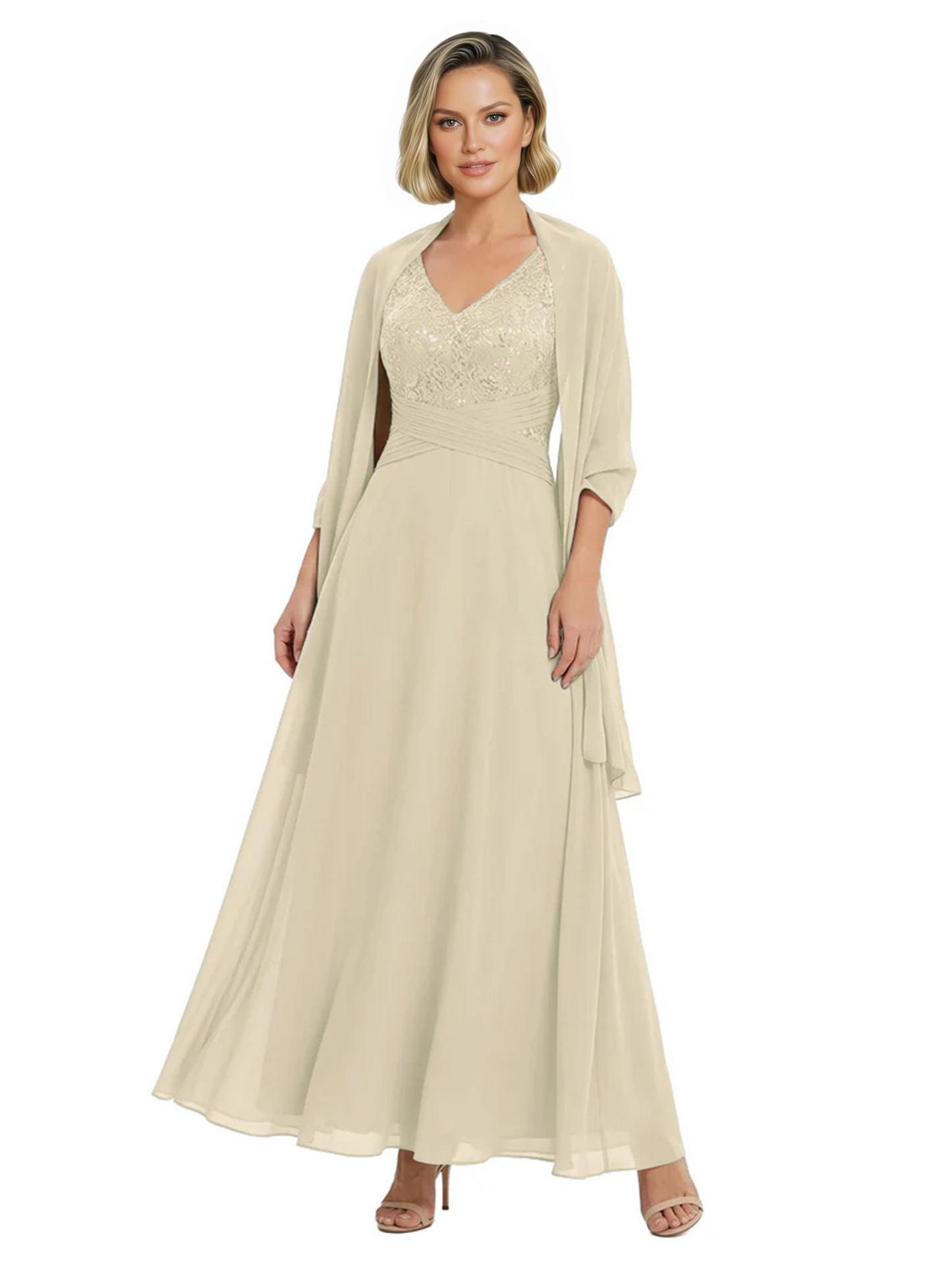 Luxury Formal Mother of Bride Dress Sparkling Sequin Top & Flowy Chiffon Skirt with Shawl