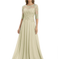 Illusion Neck Mother of the Bride Dress Half Sleeve Lace Applique Gowns Chiffon