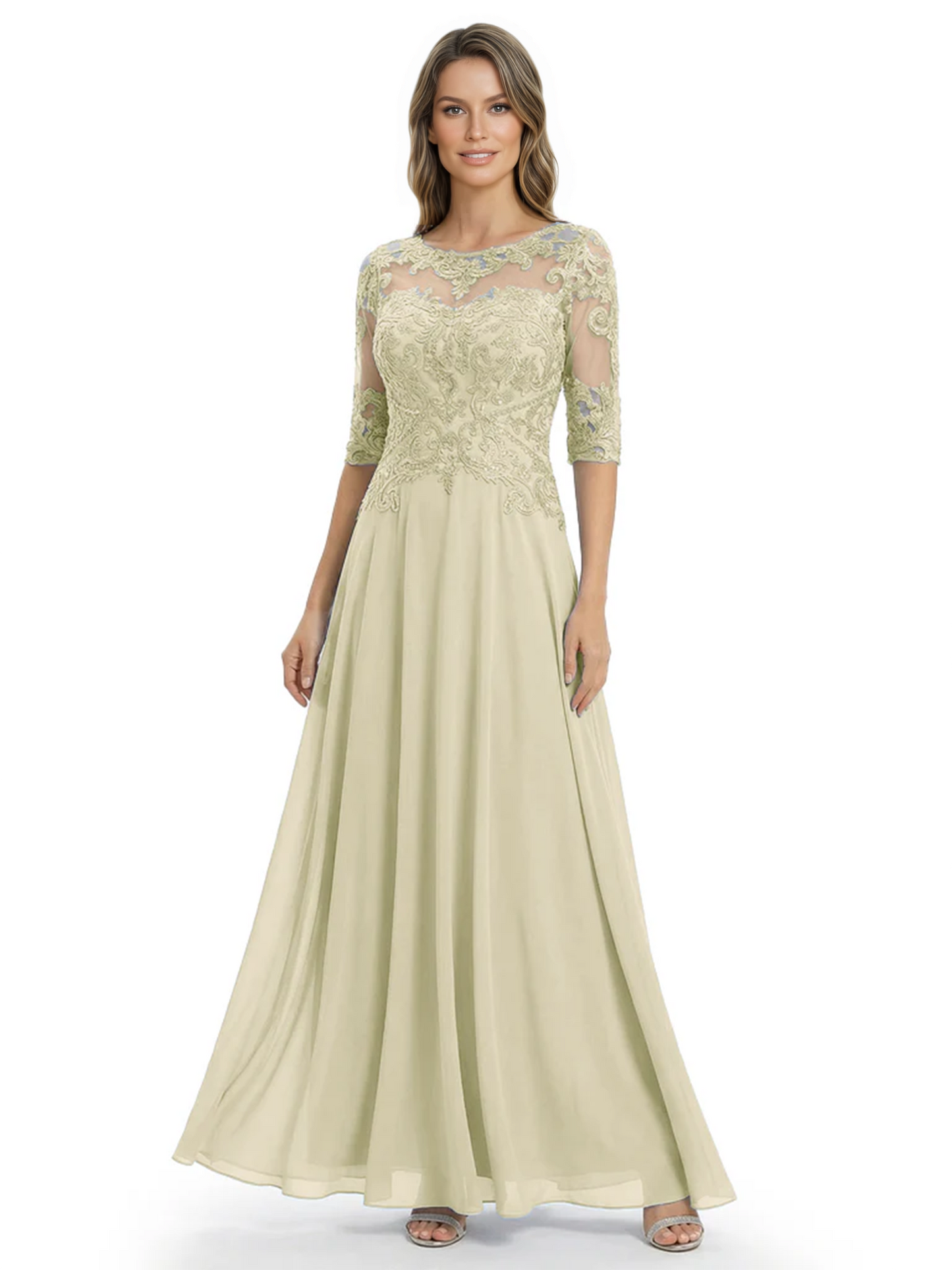 Illusion Neck Mother of the Bride Dress Half Sleeve Lace Applique Gowns Chiffon