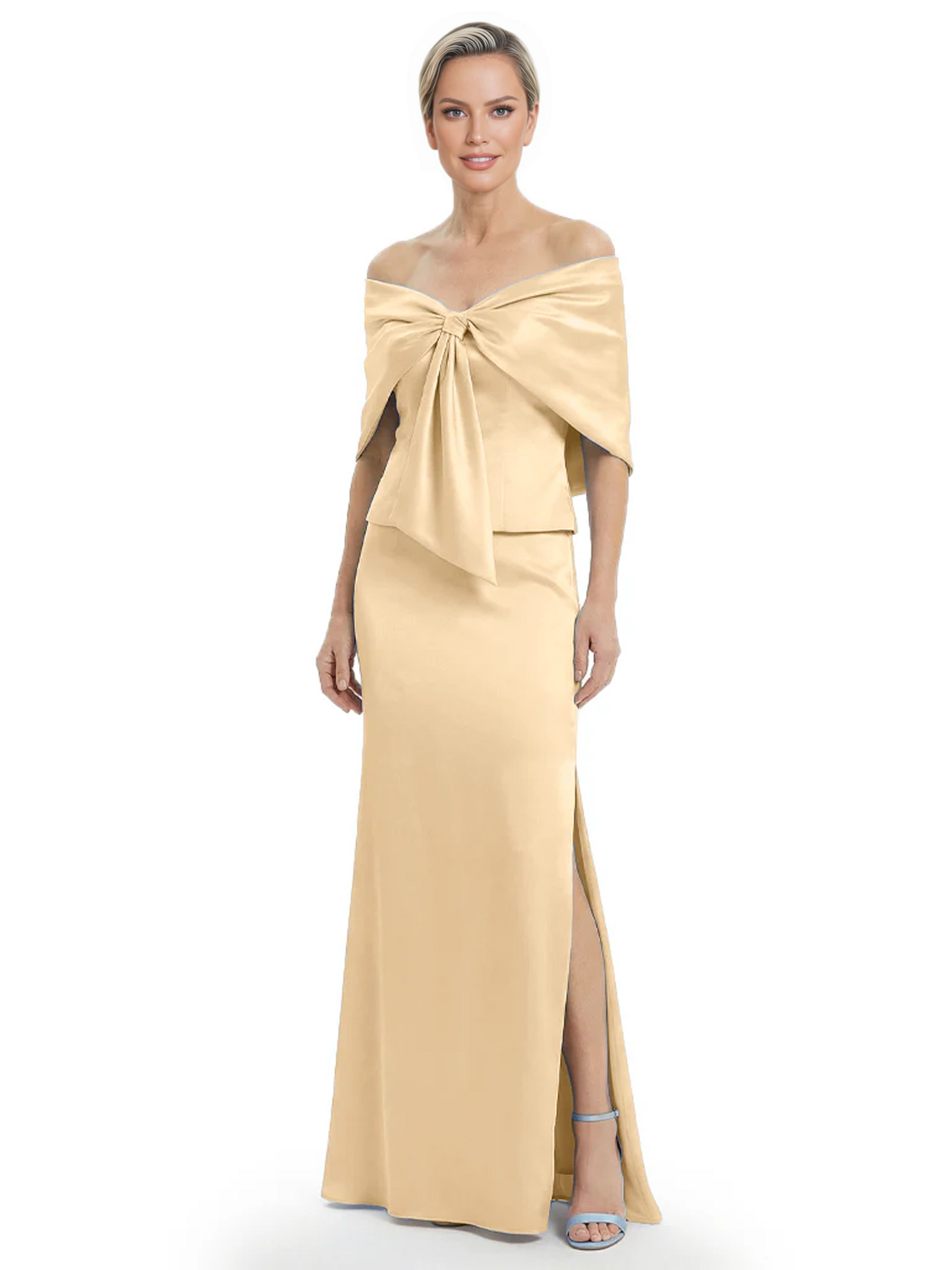 Formal Floor-Length Mother of the Bride Gown Satin Maxi Dress with Bow Neckline