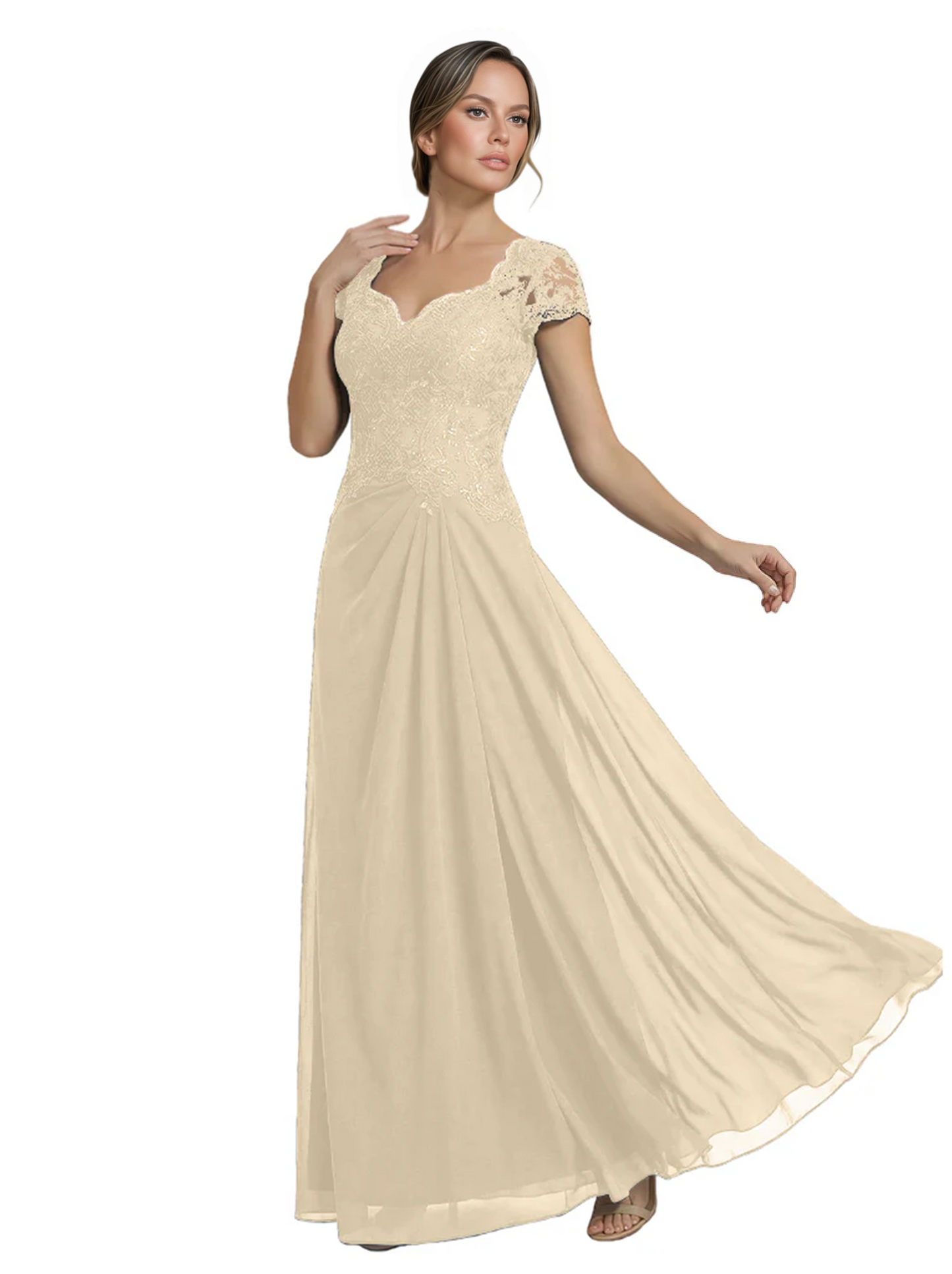 Long A-line Chiffon Short Sleeves Mother of the Brides Dresses Lace Wedding