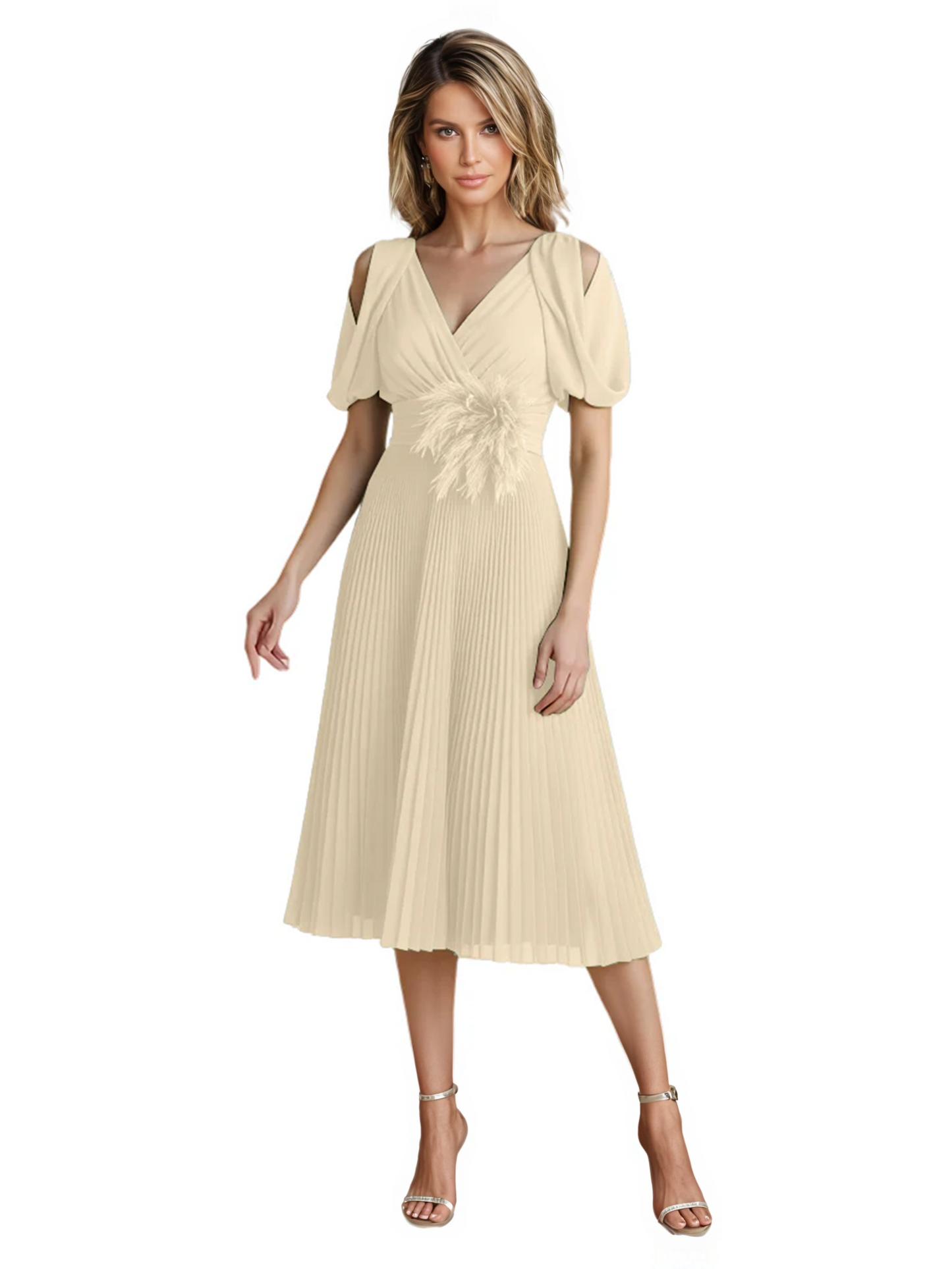 Wedding Formal Dress V-Neck Pleated Chiffon Gown with 3D Flower Accent Knee Length