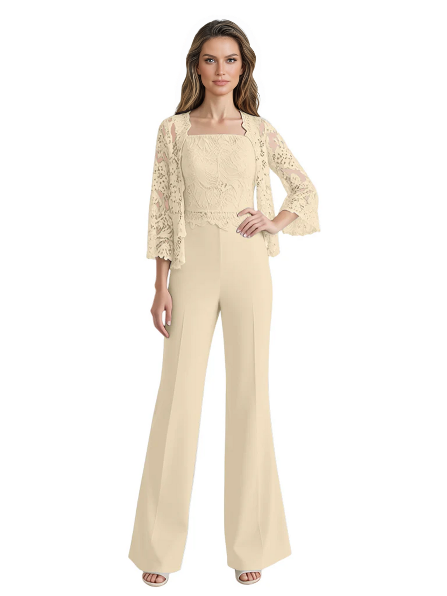 Mother of the Bride Jumpsuit with Lace Jacket 3/4 Sleeve Formal Pant Suit