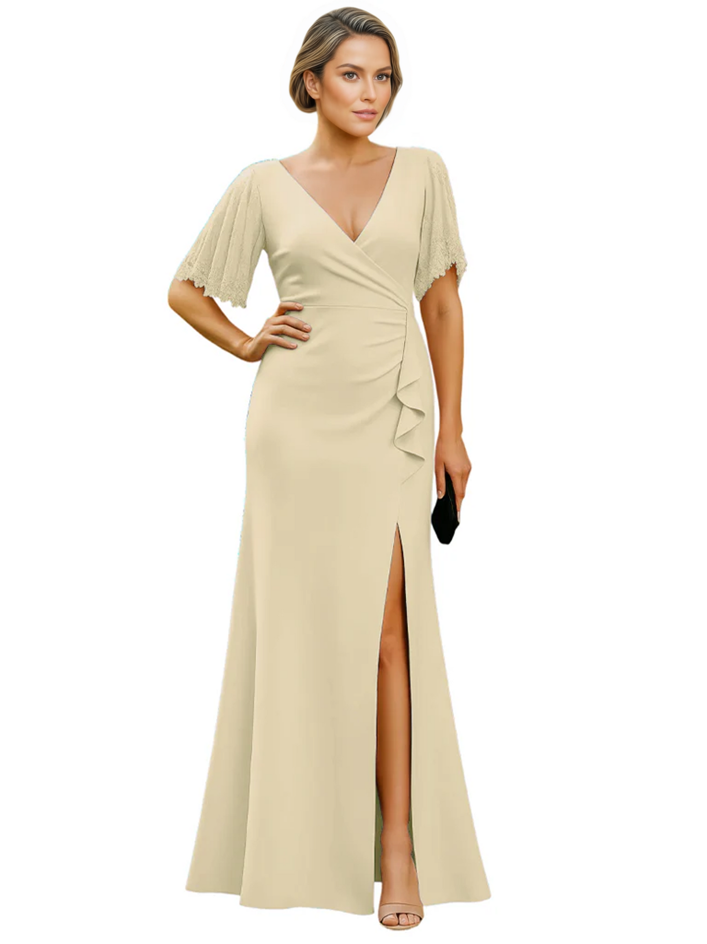 Elegant Evening Gown Trending V-Neck & Ruffle Detail Mother of Bride Outfits Slit