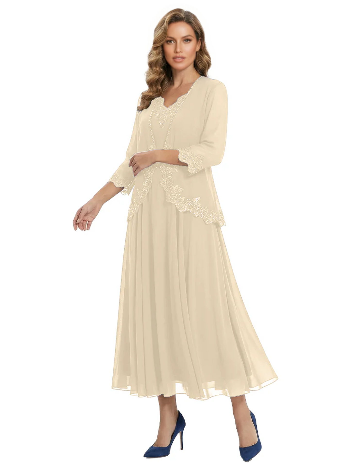 3/4 Sleeve Chiffon Mother of the Brides Dresses V-Neck Wedding Party Gowns