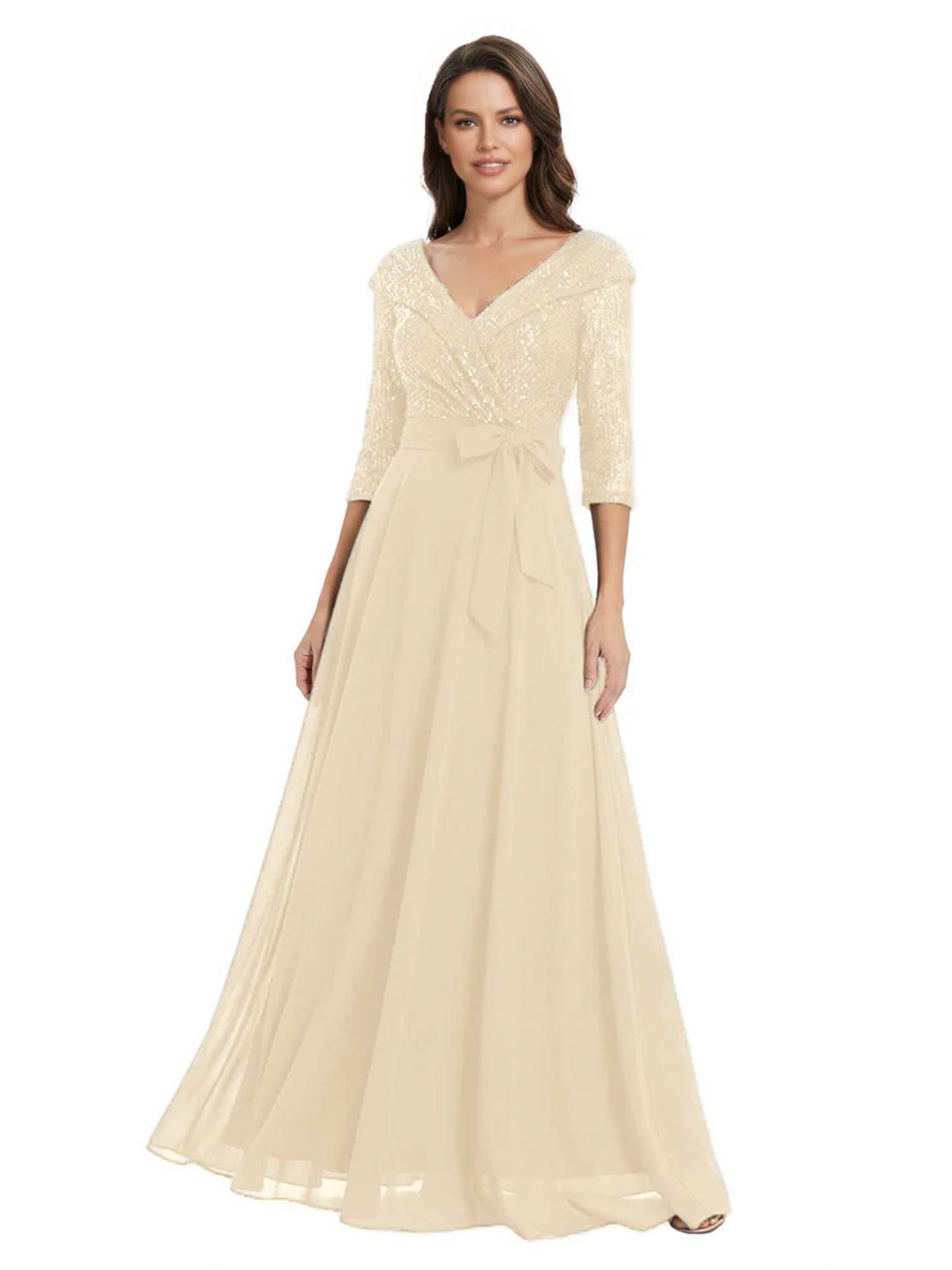 Chiffon Mother of the Bride Dress with Sequin V-Neck and Elegant Bow Sash
