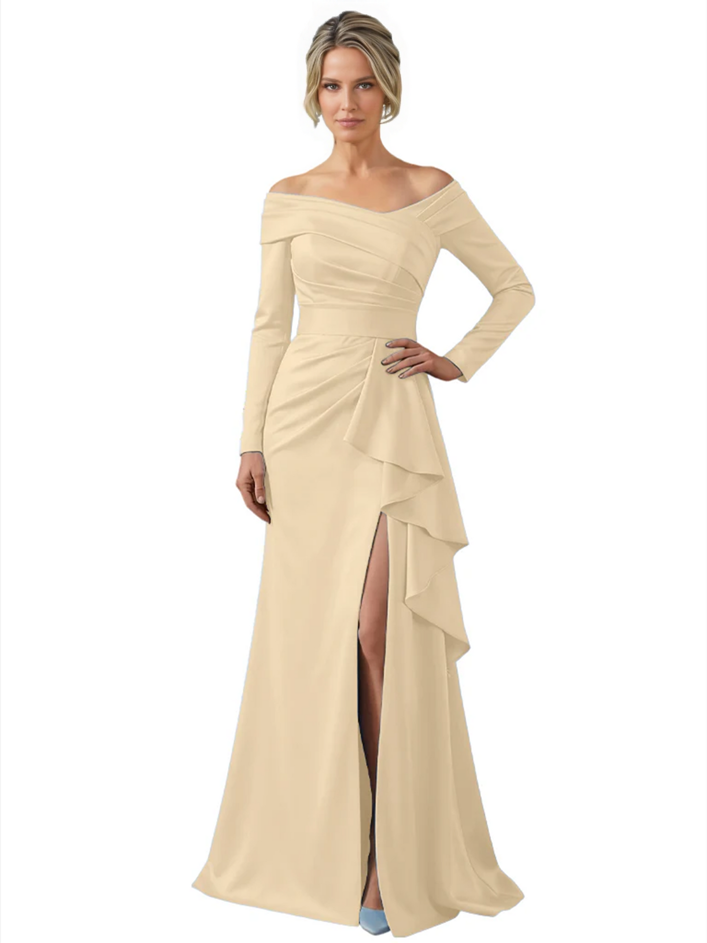 Elegant Mother of the Groom Dress Cascading Ruffle Satin Gown with High Slit Long Sleeves