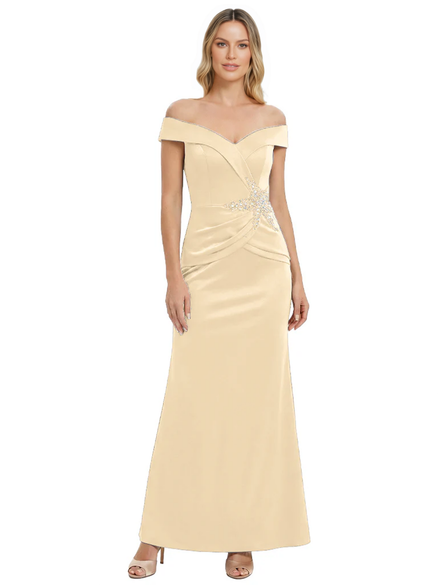 Off Shoulder Mother of the Bride Dress Beaded Waist Satin Gown Portrait Neckline