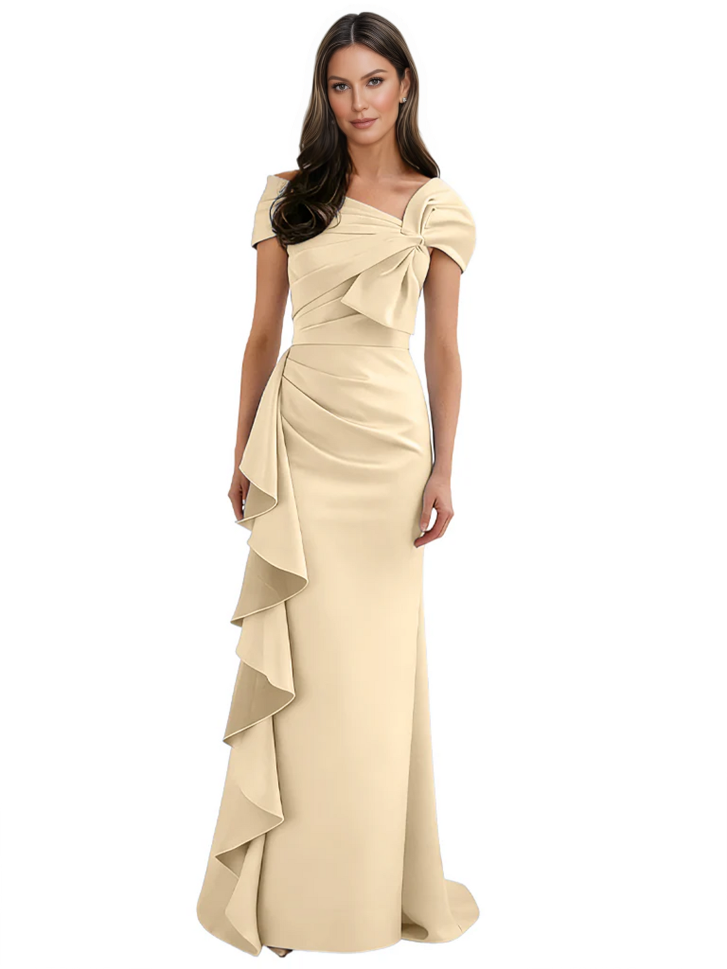 Elegant Mother of Bride Dress Formal Gowns Mermaid Ruffle Floor Length Asymmetric Neckline