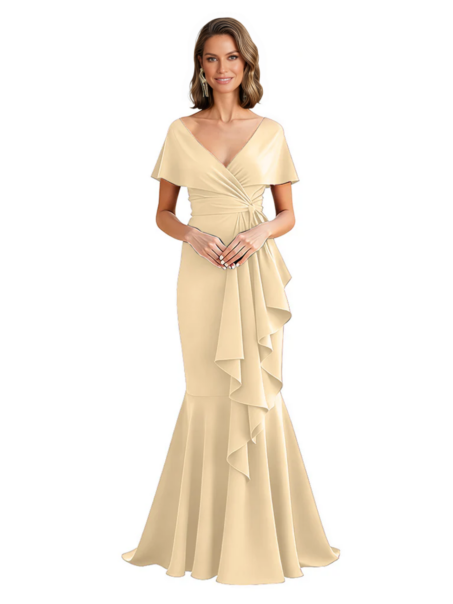 Satin Mother of the Bride Dress with Cascading Ruffles and Mermaid Tail V-Neck