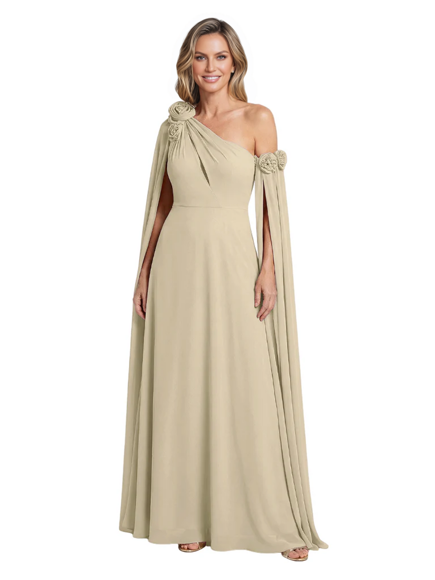 One Shoulder Mother of the Bride Dress Asymmetrical Cape Sleeve Gown with Floral