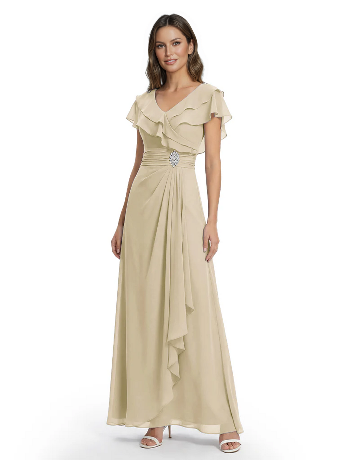 Elegant Mother of the Groom Dress Cascading Ruffle Chiffon Formal Gown Rhinestone