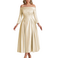 Off Shoulder Mother of the Bride Dress Tea-Length Satin Gown with Lace Applique