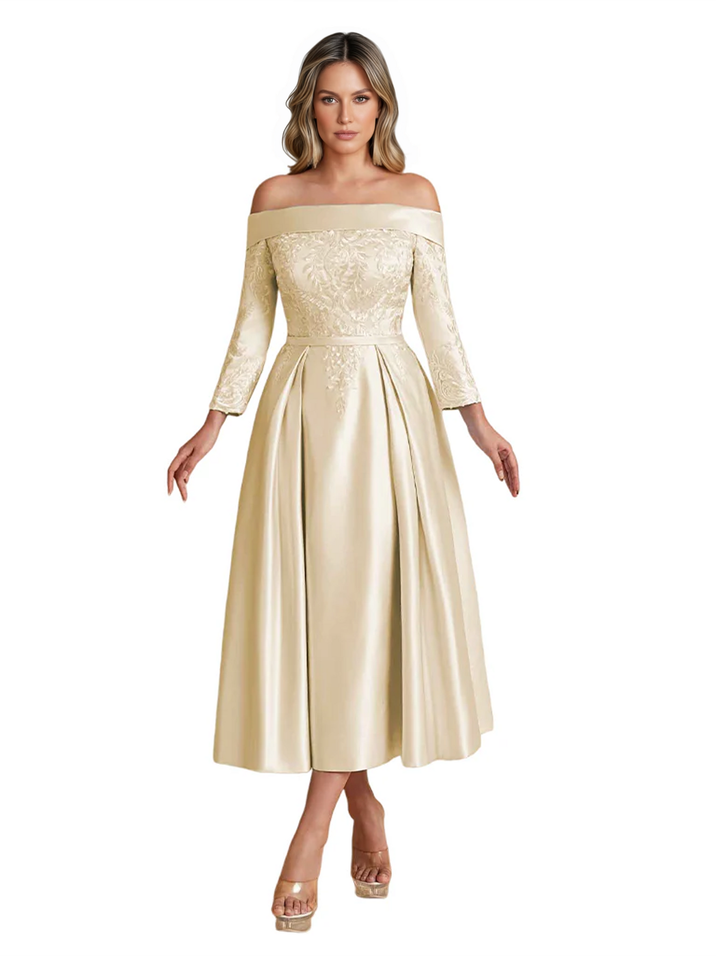 Off Shoulder Mother of the Bride Dress Tea-Length Satin Gown with Lace Applique